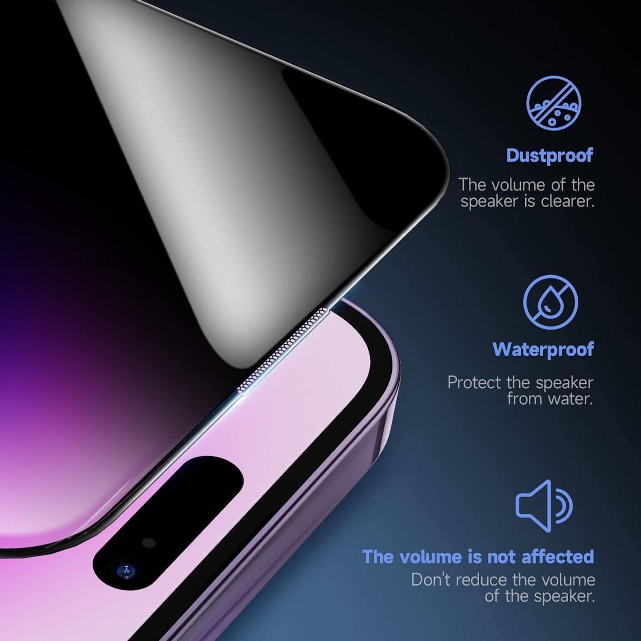 Nahaufnahme des Lautspreicherbereichs eines Smartphones mit angehobenem Schutzdeckel; der Text hebt das staub- und wasserdichte Design hervor und besagt, dass die Lautstärke nicht beeinträchtigt wird.