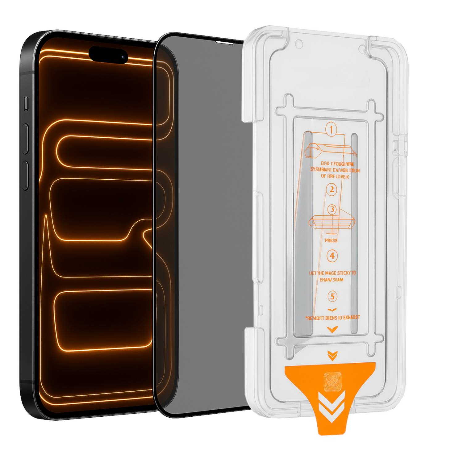 Smartphone-Displayschutzfolien-Anwendungsset neben einem Telefon, mit orangefarbigem Ausrichtungsrahmen und Anweisungen auf dem Applikator.