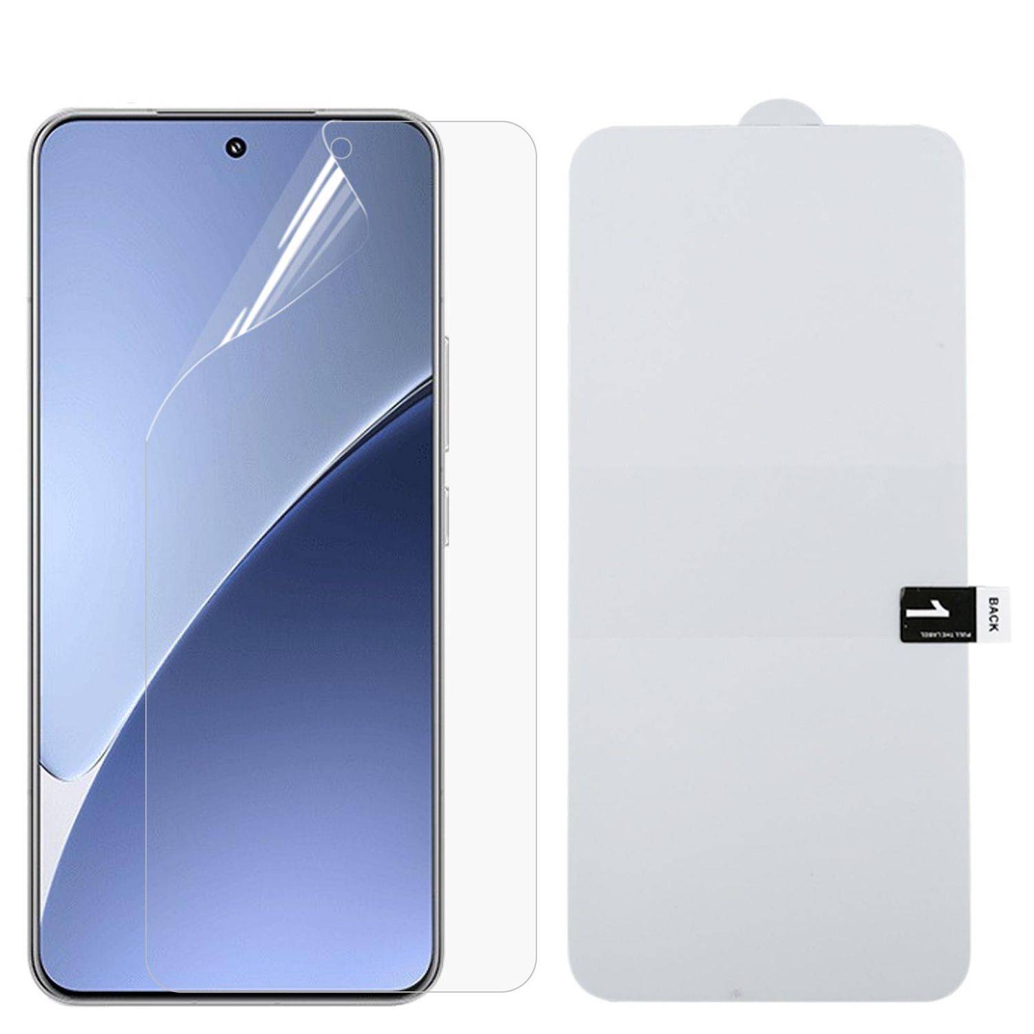 Vorder- und Rückseite eines Smartphones mit einem transparent aufgebrachten Displayschutz daneben, der die vollständige Abdeckung und eine kleine Abziehlaschen hervorhebt.
