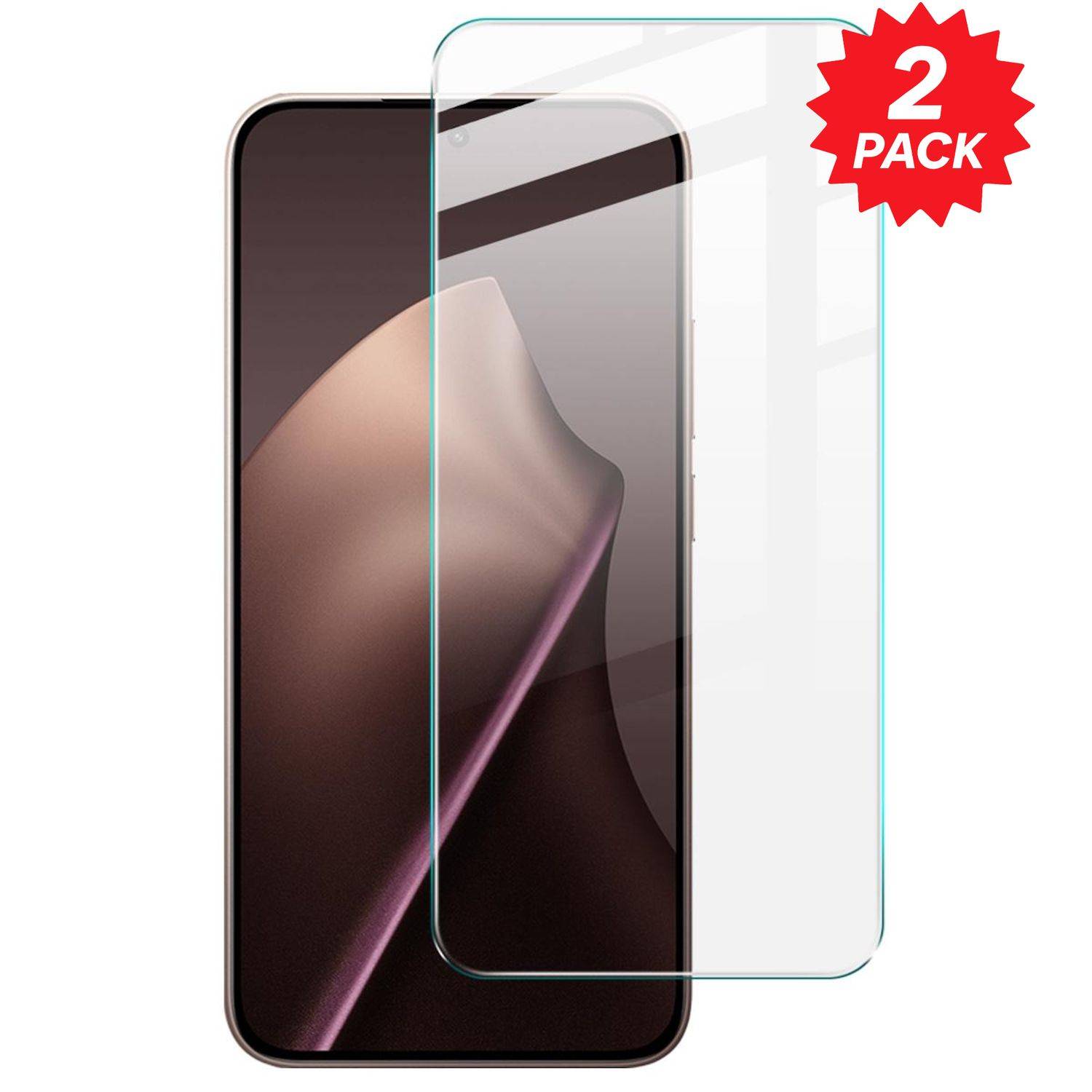 Smartphone-Displayschutz, dargestellt als transparente Glasplatte über einem Telefon, mit der Aufschrift „2er-PACK