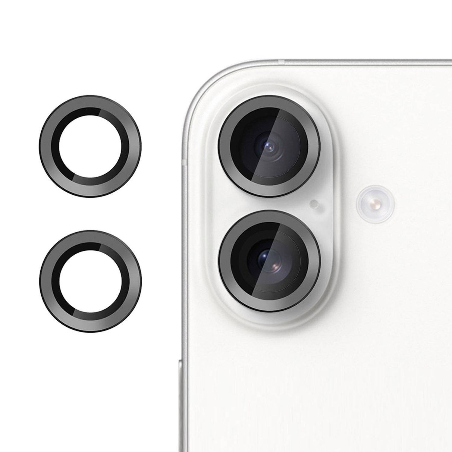 Nahaufnahme der Rückseite eines weißen Smartphones mit Dual-Rückkameras und Blitz, gezeigt neben zwei separaten schwarzen Kameraringzubehören.