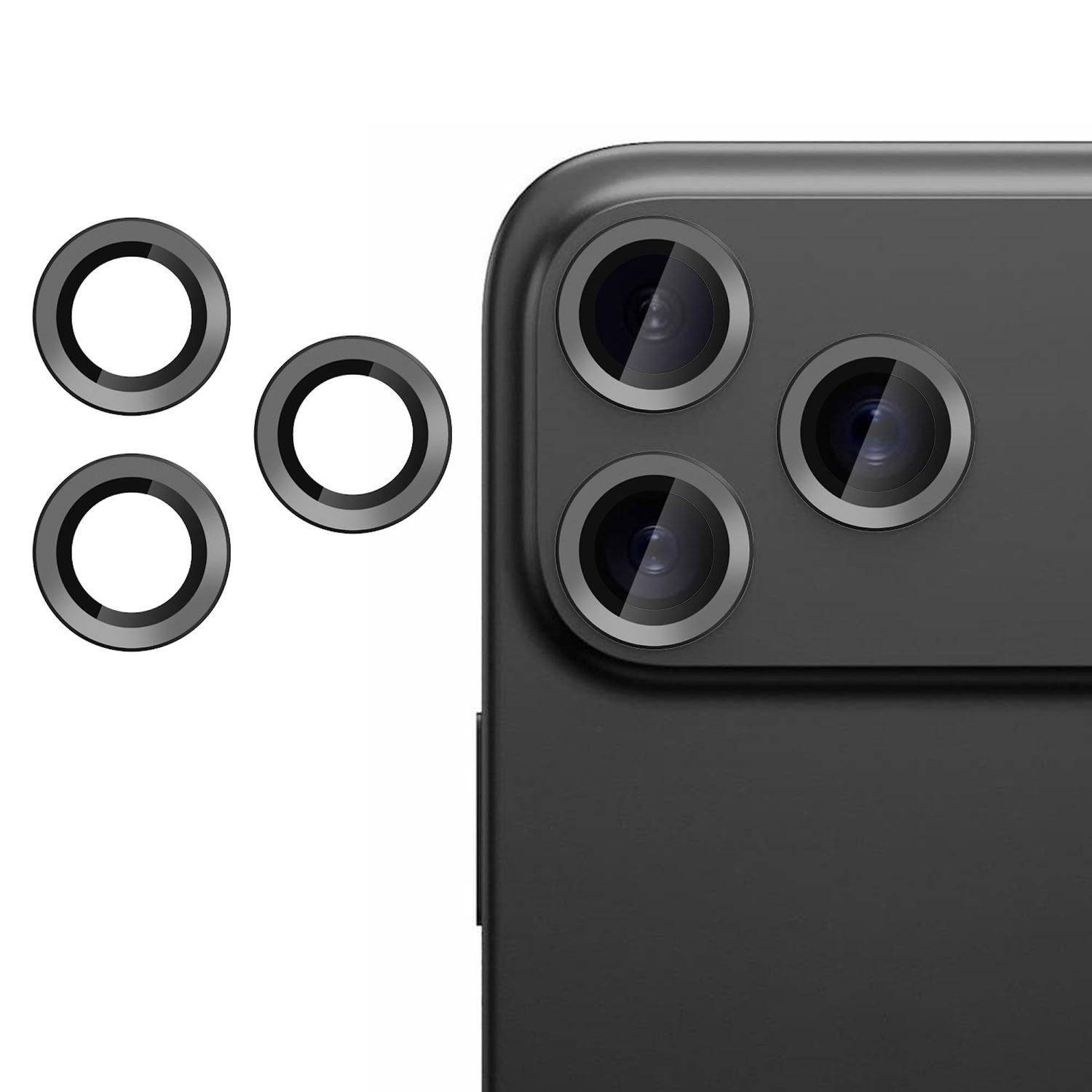 Schwarzes Smartphone mit drei Rückkameras und drei separaten silbernen Schutzringen für die Objektive, daneben auf weißem Hintergrund abgebildet.