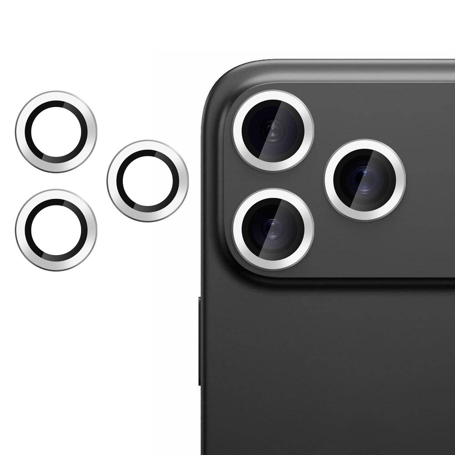 Nahaufnahme der dreifachen Rückkamera eines Smartphones mit drei separaten Metalllinsenringen, die daneben schweben und austauschbare Kamerahardware oder Linsenersatzteile suggerieren.