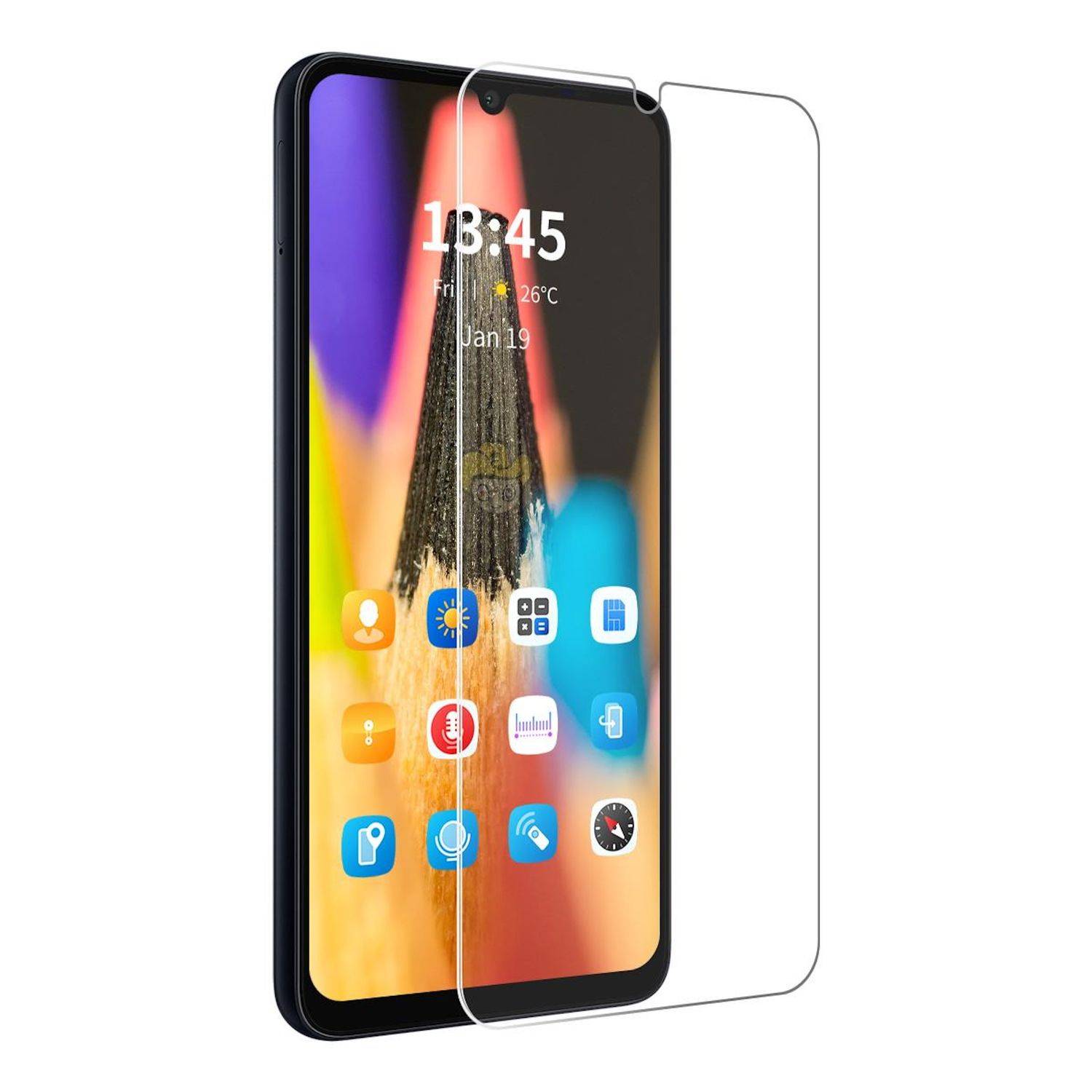 Smartphone in Vorderansicht mit einer transparenten Displayschutzfolie, die über dem Display ausgerichtet ist.