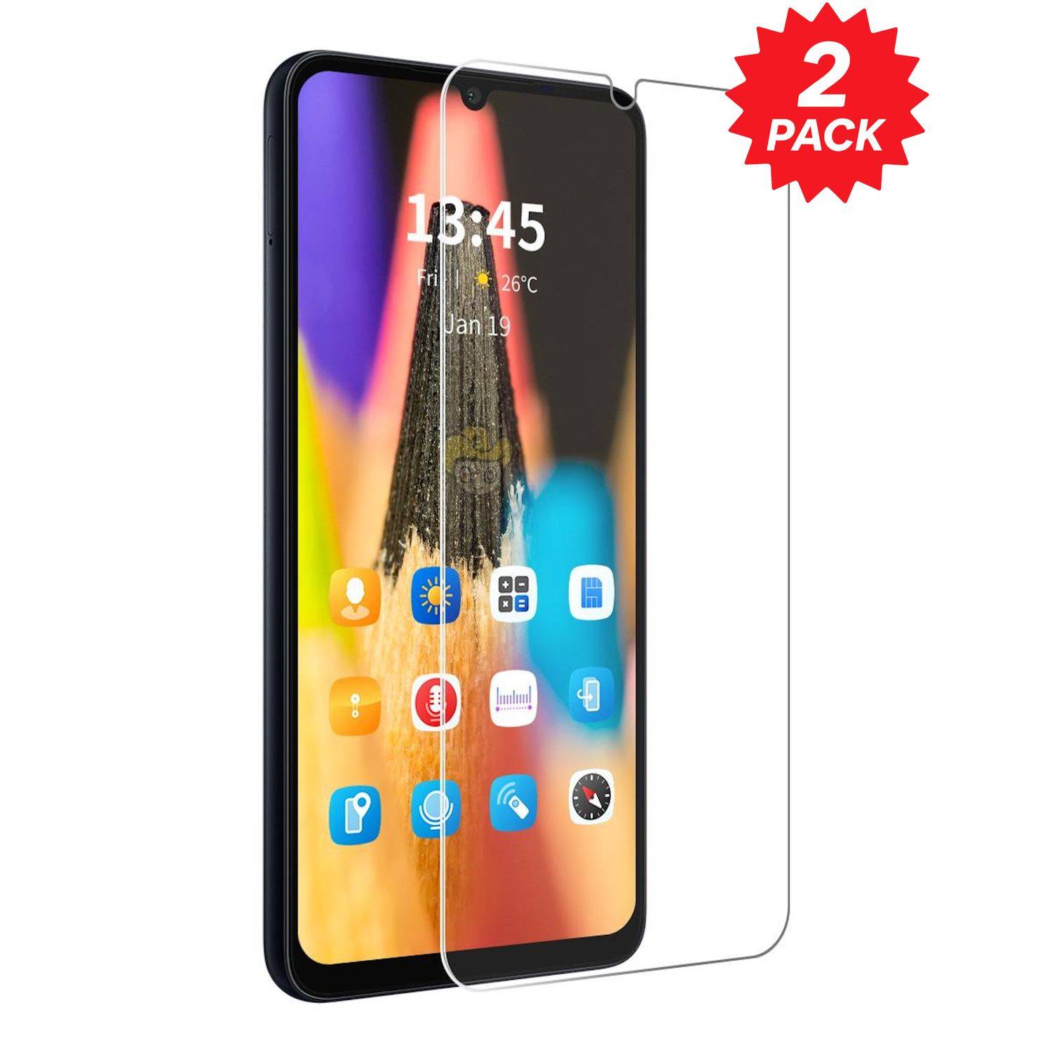 Zwei-Pack aus transparenten Displayschutzfolien für ein Smartphone, gezeigt über einem Telefondisplay mit einem roten 