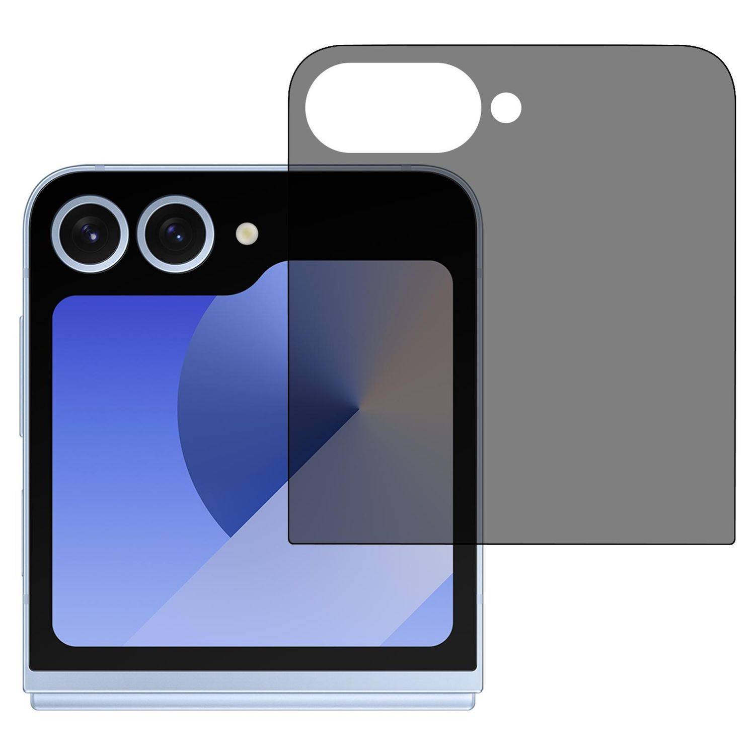 Illustration eines Smartphone-Rückseite mit Dual-Kameraobjektiven und einer grauen Schutzschalen-Überlagerung, die die Ausschnitte der Schutzhülle zeigt.