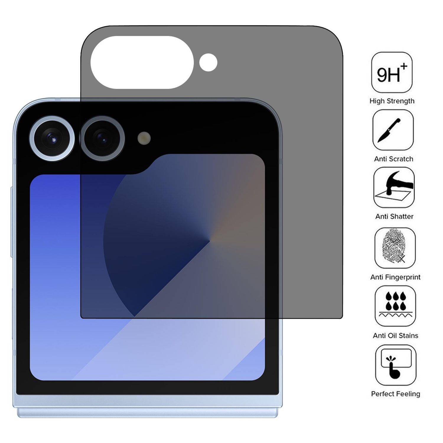 Displayschutzfolie für Telefon mit Kameraausschnitten, Vorder- und Rückseite gezeigt, sowie Symbole mit Auflistung von 9H+ hoher Festigkeit, kratzfest, bruchsicher, antifingerabdruck, ölfleckenbeständig und perfektes Gefühl.