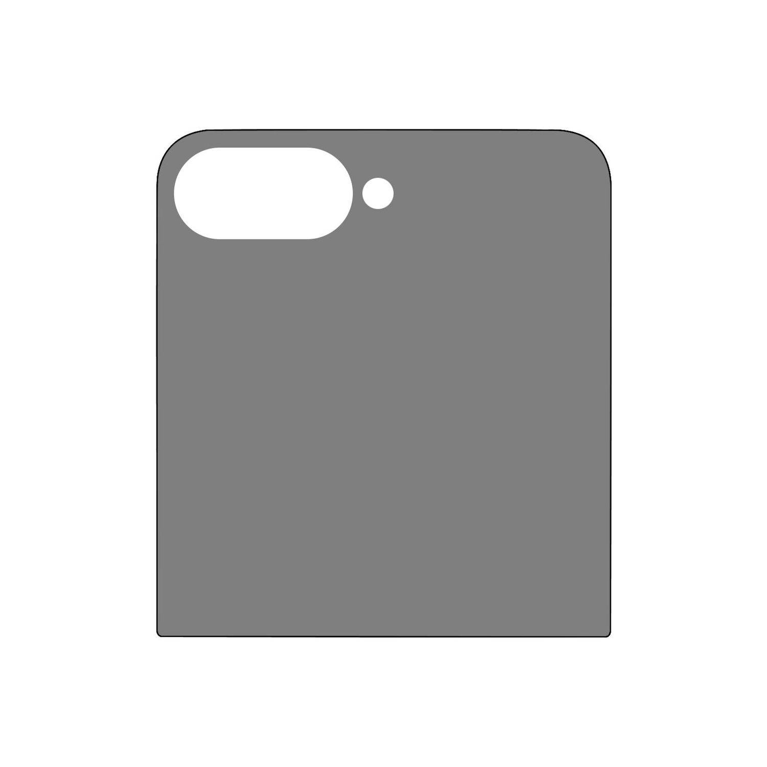 Graues Symbol mit abgerundeten Ecken in Form einer Smartphone-Rückseite, mit weißem Kameraausschnitt und kleinem Blitzkreis oben links.