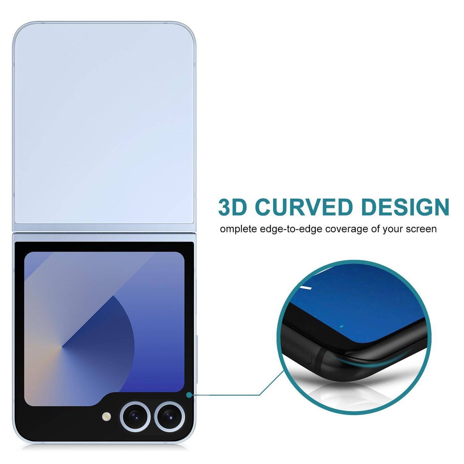 Produktgrafik einer Displayschutzfolie für Smartphones mit dem Text „3D CURVED DESIGN