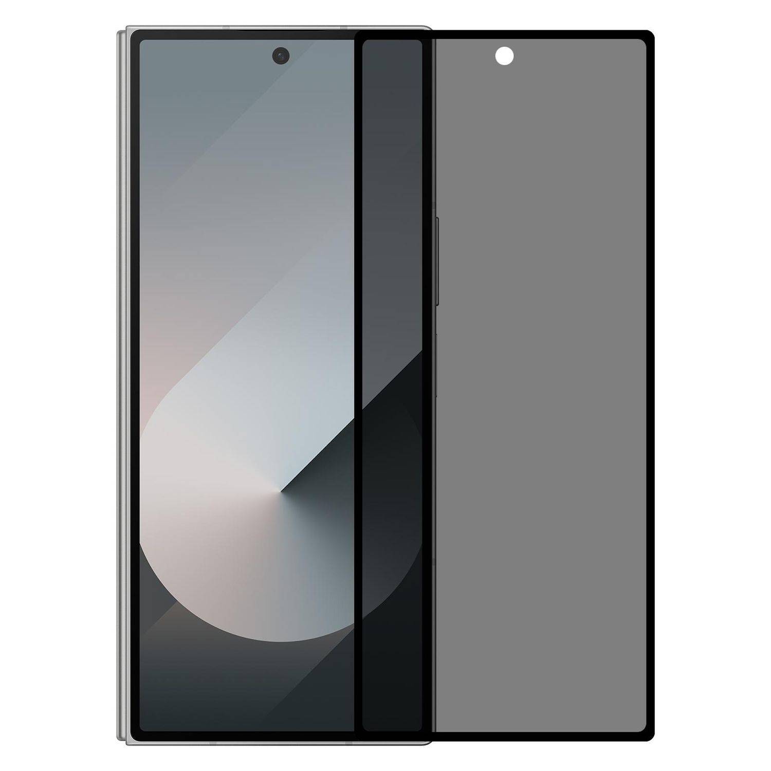Ein teilweise geöffnetes faltbares Smartphone mit einem großen Display auf der linken Seite und einem grauen Rückenpanel auf der rechten Seite.