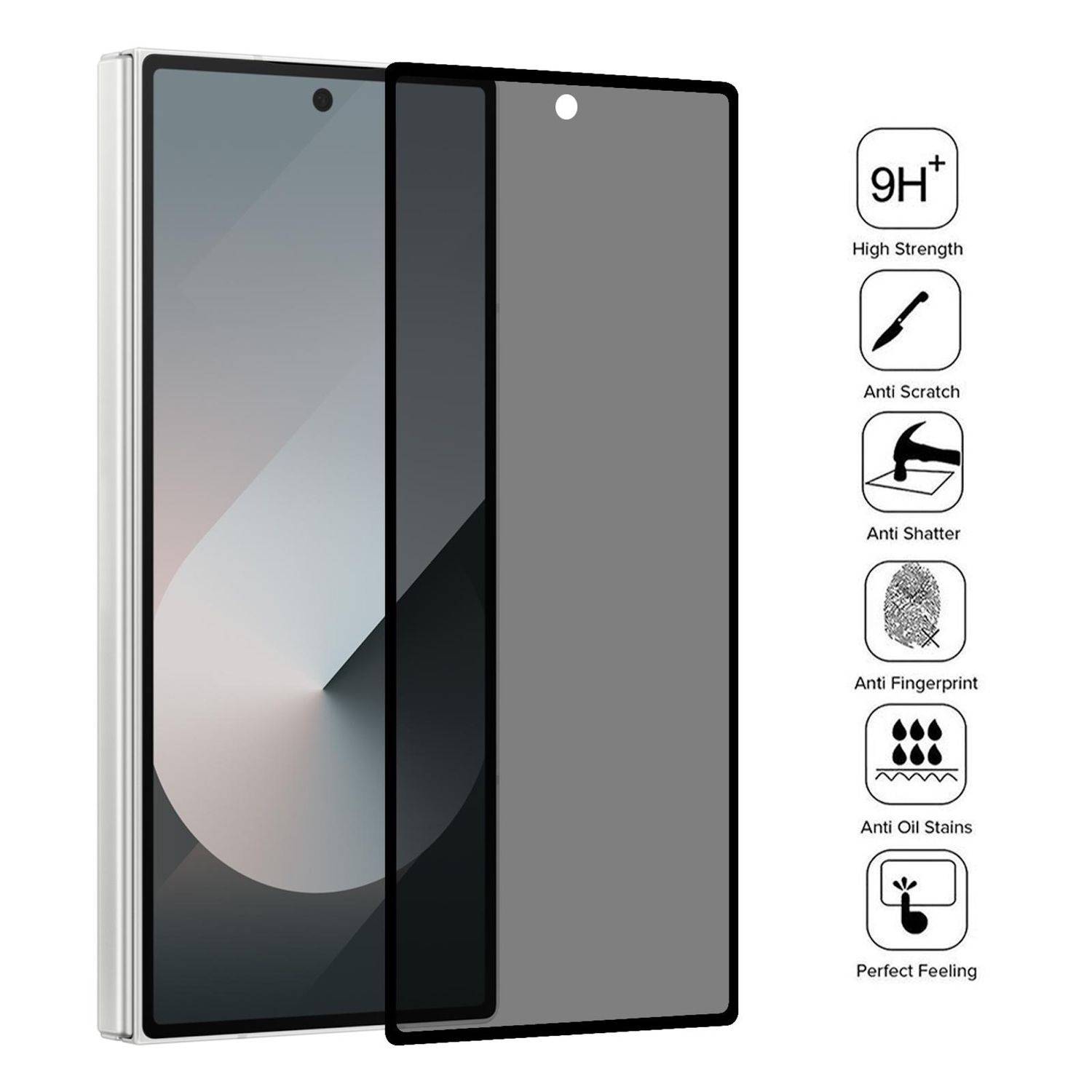 Zwei schwarze Displayschutzfolien für Telefone, die auf einem Telefon angezeigt werden, mit Symbolen, die 9H+ hohe Festigkeit, Kratzerbeständigkeit, Bruchschutz, Fingerabdruckschutz, Ölfleckenbeständigkeit und perfektes Handgefühl aufzeigen.