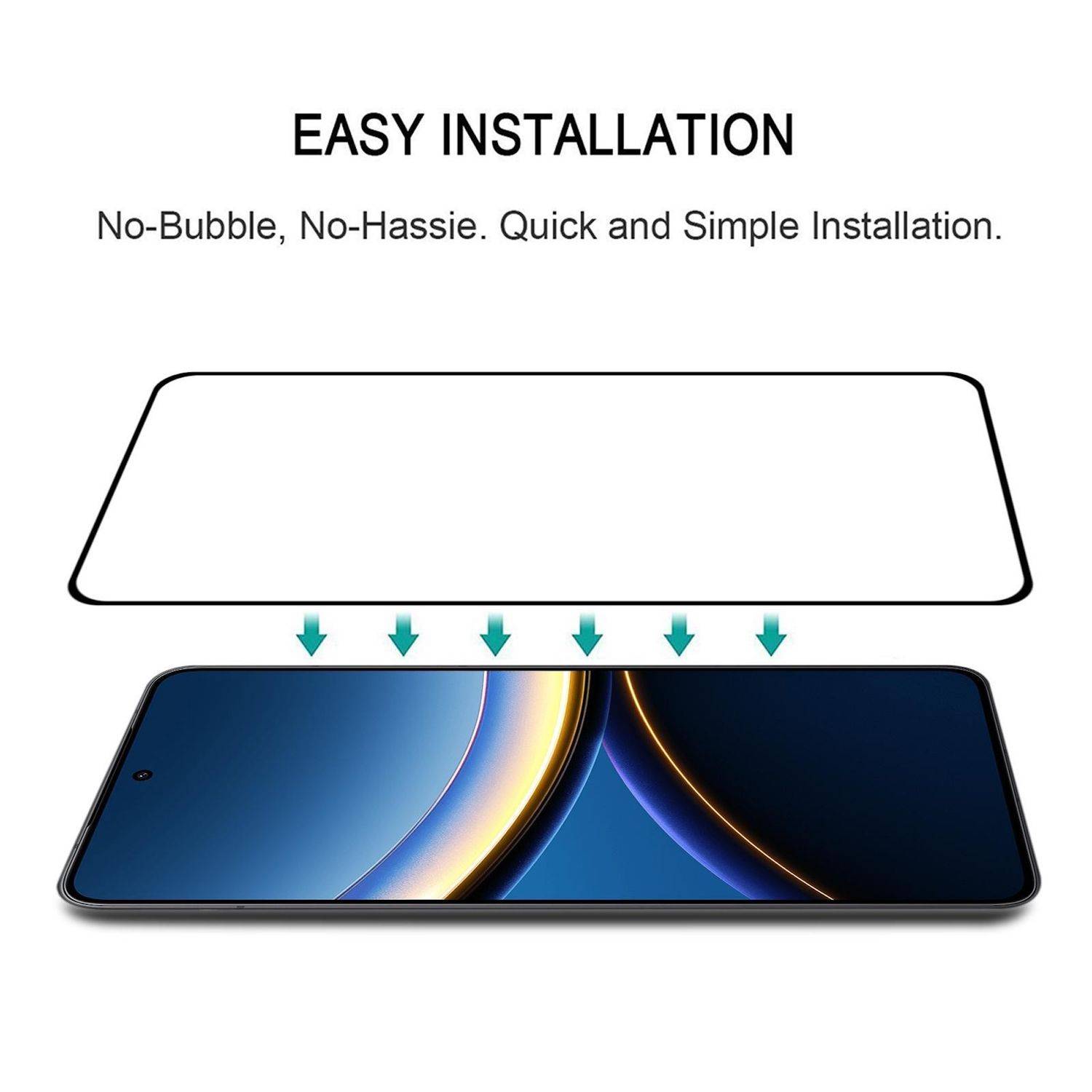 Grafik zeigt einfache Installation: Ein Displayschutz richtet sich auf einem Smartphone-Display aus, mit Pfeilen, die nach unten zeigen, beschriftet mit „EINFACHE INSTALLATION