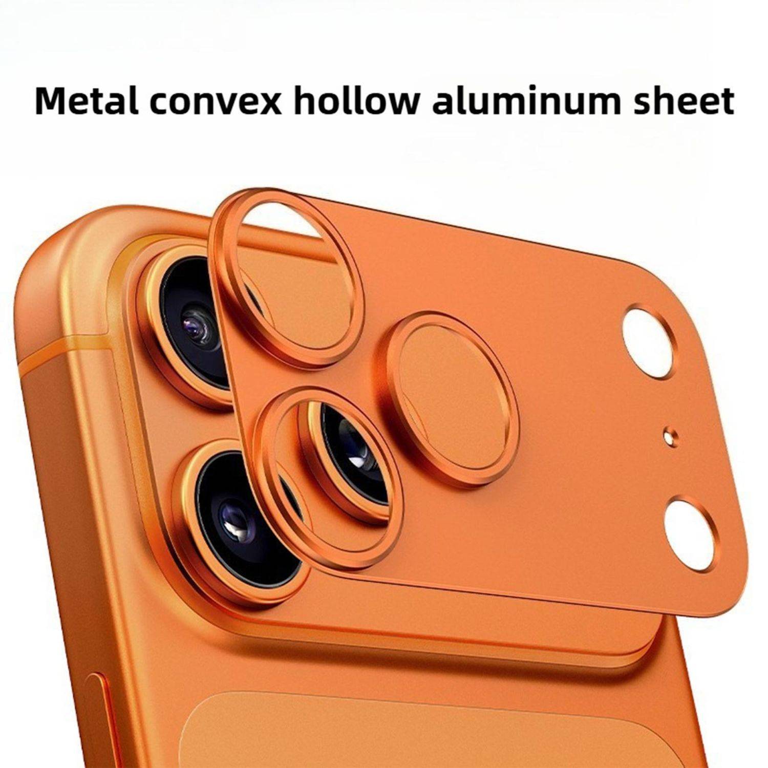 Orangenes Metallkonvexes hohles Aluminiumblech-Kameralinsenschutz auf der Rückseite eines Smartphones mit Aussparungen und erhöhten Ringen um die Linsen herum.