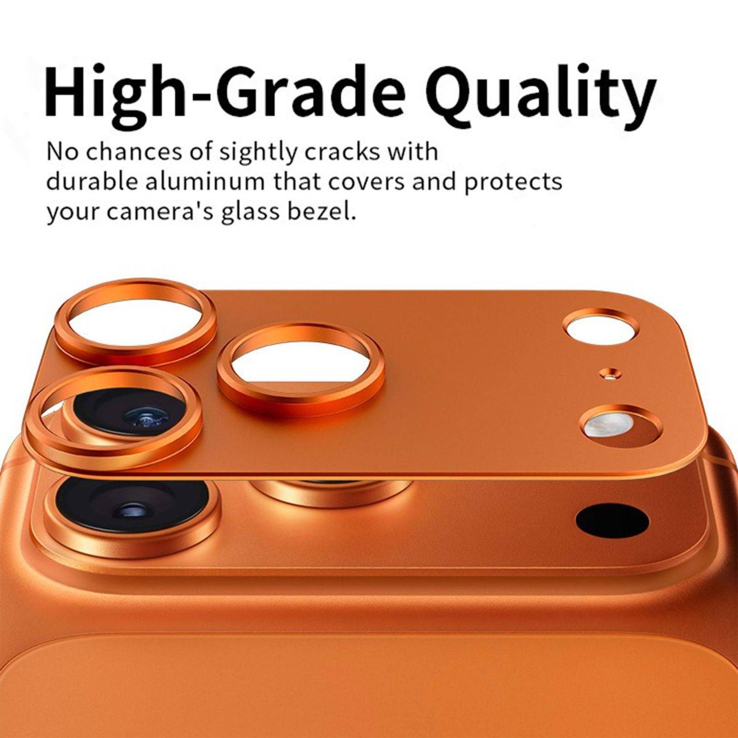 Orangefarbener Aluminium-Kameralinsenschutz für ein Telefon, dargestellt in geschichteter Nahaufnahme mit dem Text „High-Grade Quality