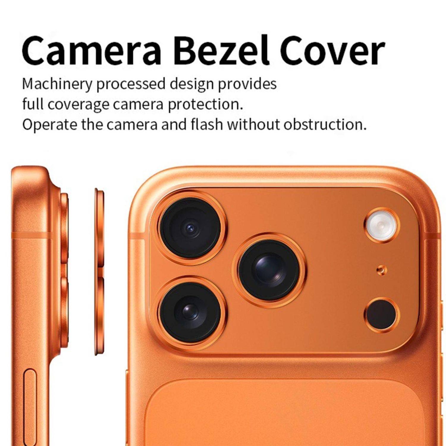 Orangene Handyhülle mit Kamerarahmen-Abdeckung mit Aussparungen für drei Objektive und Blitzlicht; Text lautet „Camera Bezel Cover