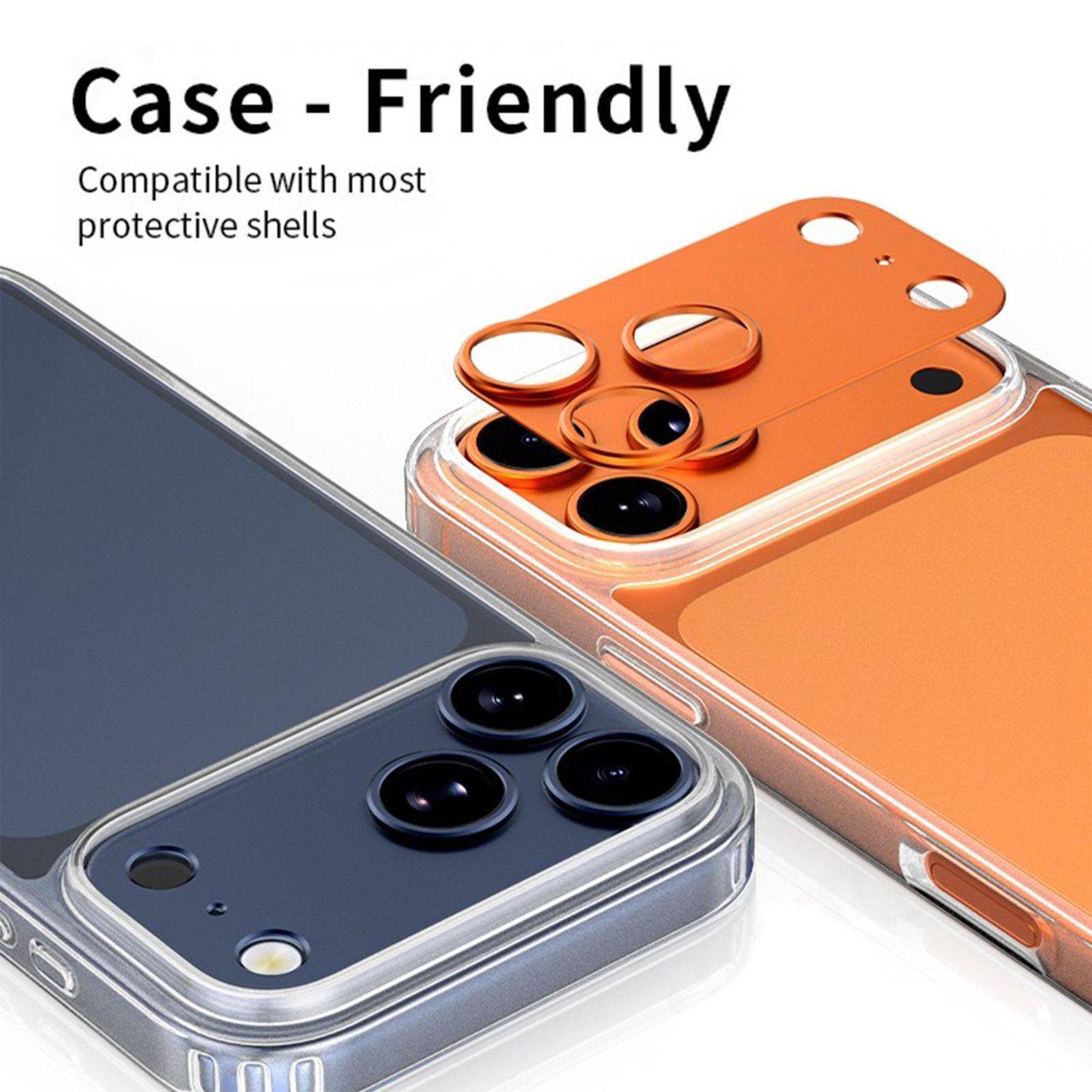 Werbebild von zwei Smartphones mit durchsichtigen Schutzhüllen in Dunkelgrau und Orange, mit den Beschriftungen „Case-Friendly