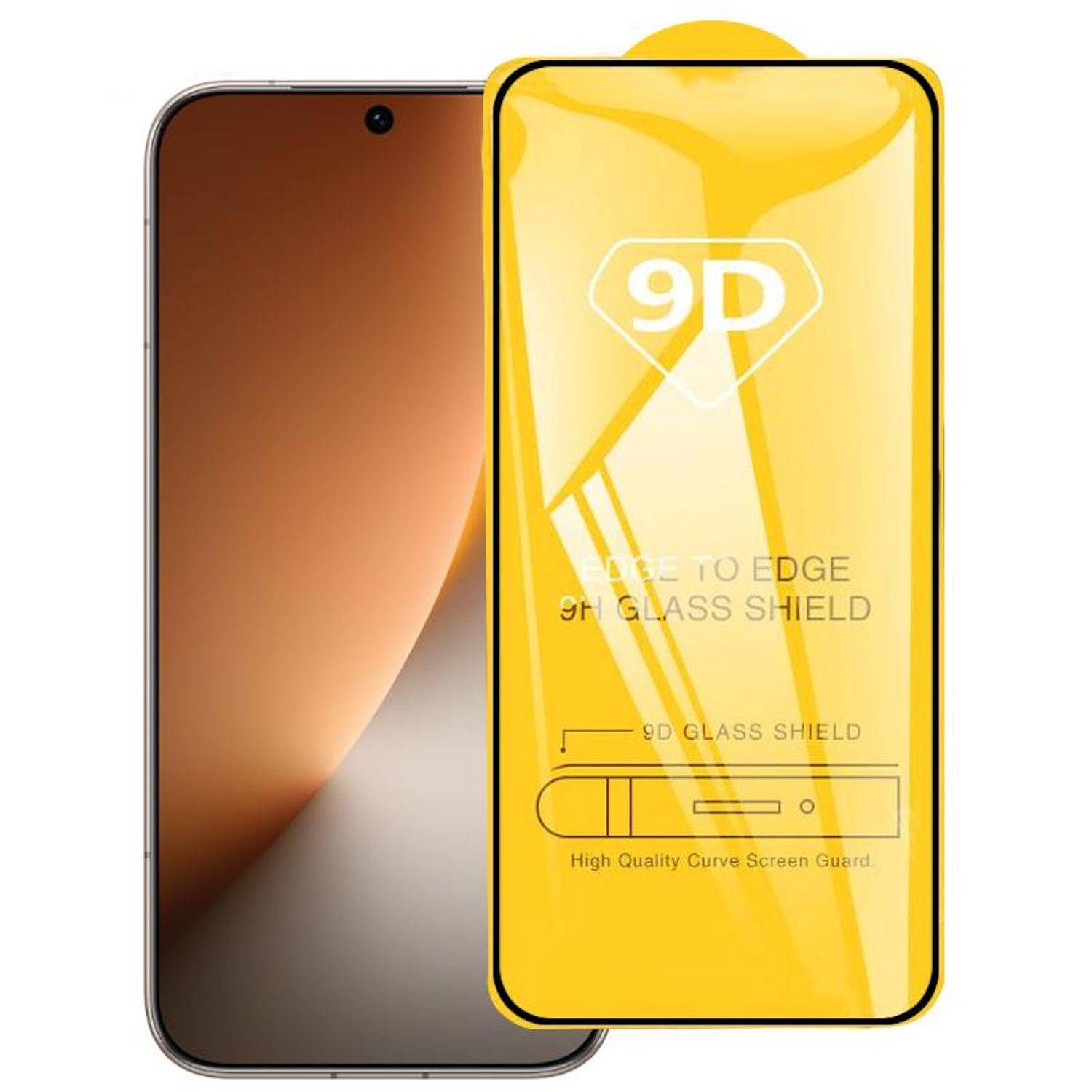 Smartphone-Display mit einem gelben, kantenübergreifenden 9D-Glaschutzfilm in der Vorderansicht, mit den Beschriftungen 