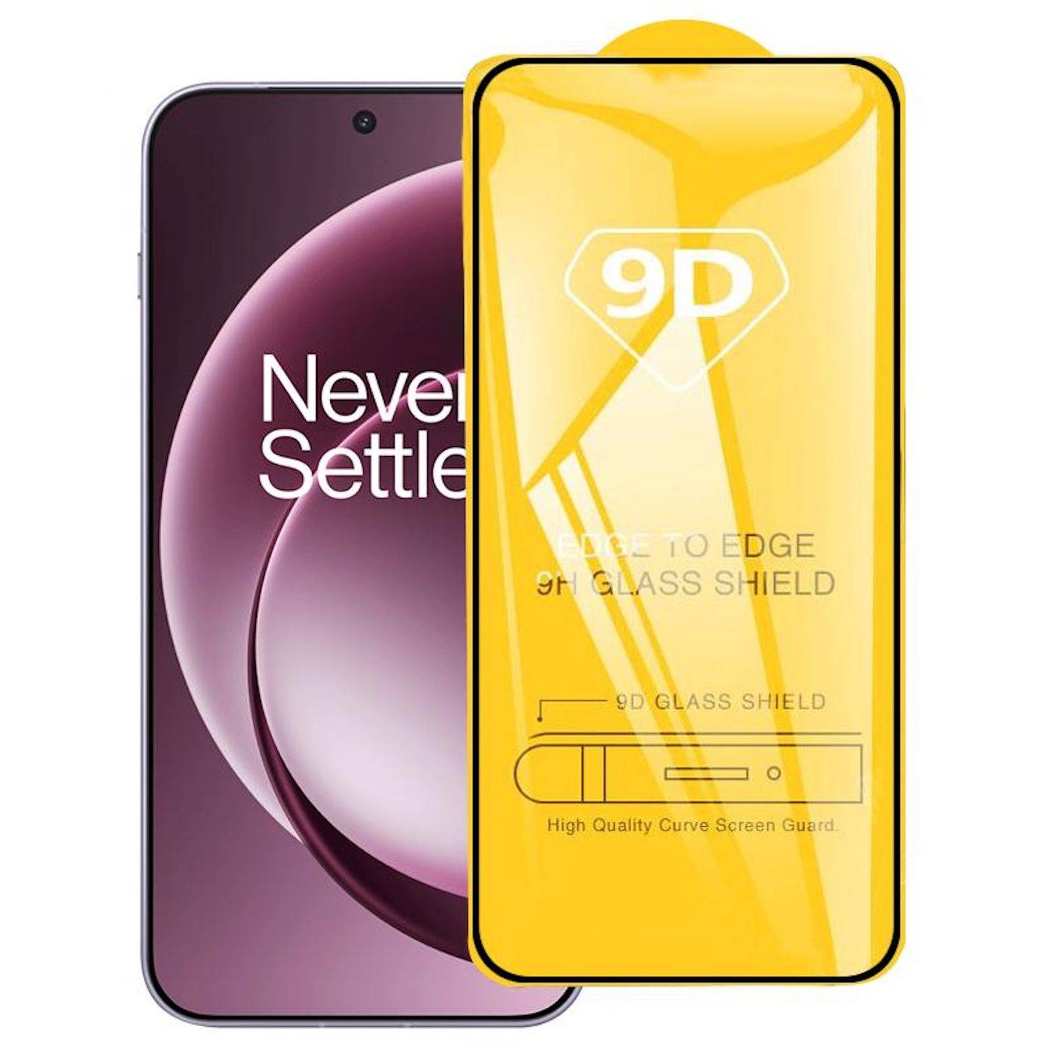 Displayschutzfolie für Smartphone auf einem Telefondisplay, dargestellt mit einem gelben „9D