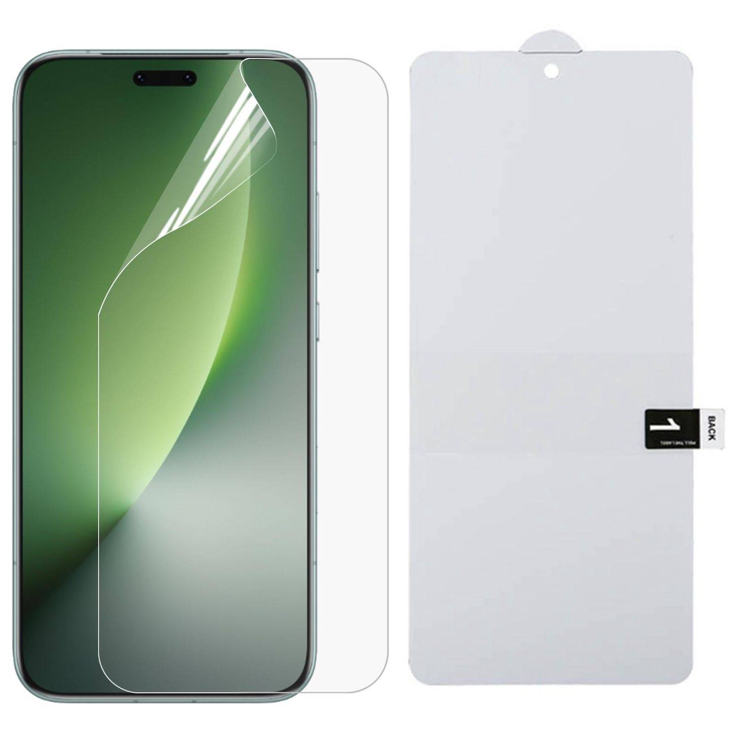 Smartphone-Displayschutz-Set mit einer klaren Glasschutzfolie über einem Telefondisplay und einer grauen rückwärtigen Kamerafolie mit einer Lasche beschriftet mit „1