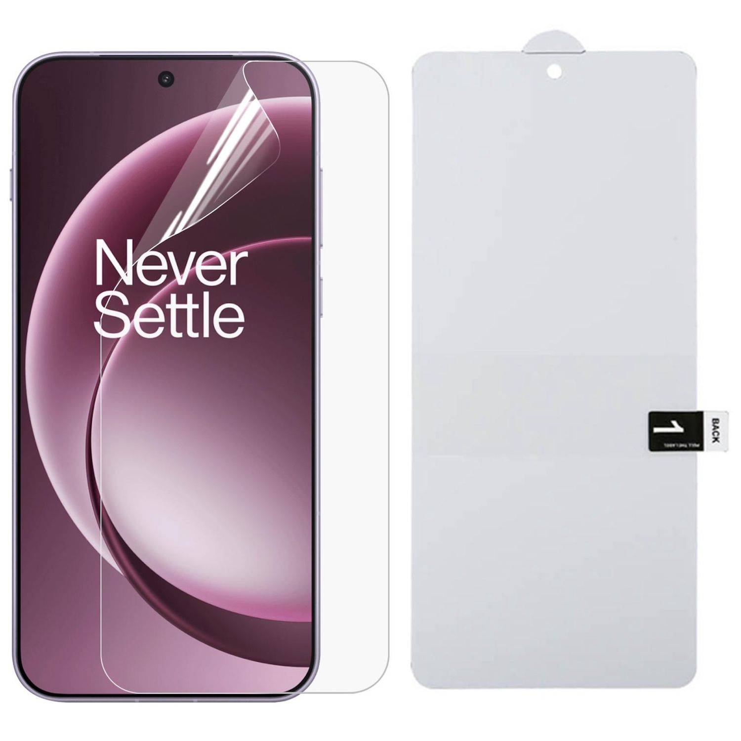 Displayschutzfolie für Smartphones, vorne und hinten gezeigt, mit Installationslasche, für ein Telefon, das 