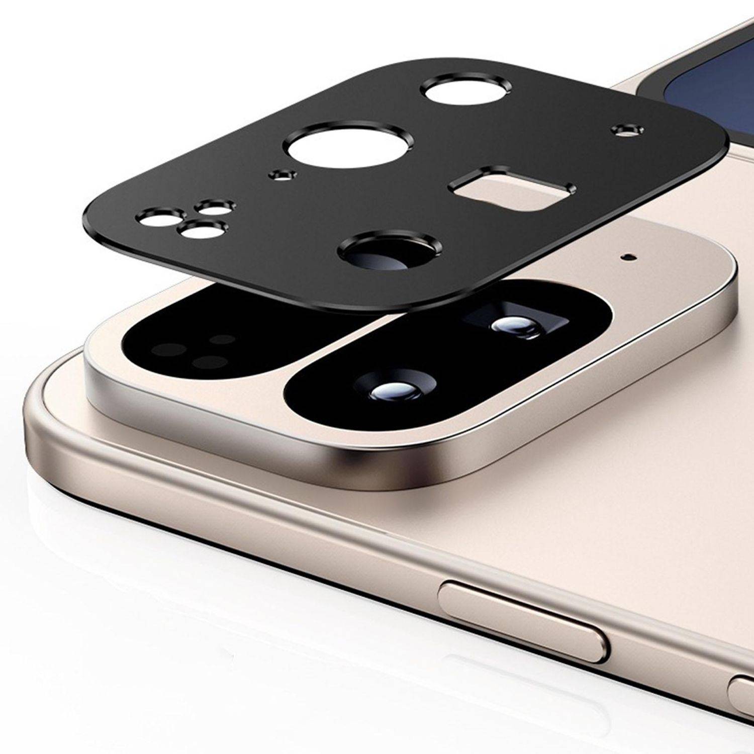 Explodierte Ansicht eines Smartphone-Kamerahintergrundsmoduls, das eine schwarze schützende Linsenabdeckung zeigt, die über den Kameraöffnungen auf einem goldenen Telefon ausgerichtet ist.