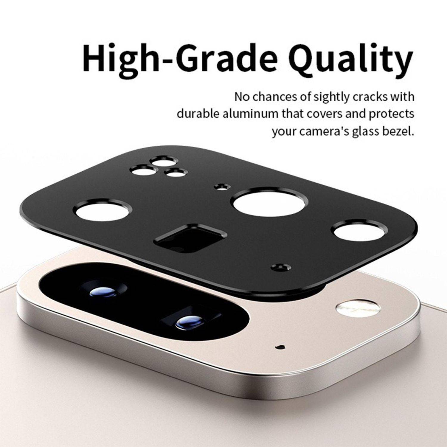 Produktbild einer langlebigen Aluminium-Objektivschutzkappe für Kameras in Schwarz und Silber, dargestellt separat über einer Smartphone-Kamera-Blende mit dem Text „High-Grade Quality