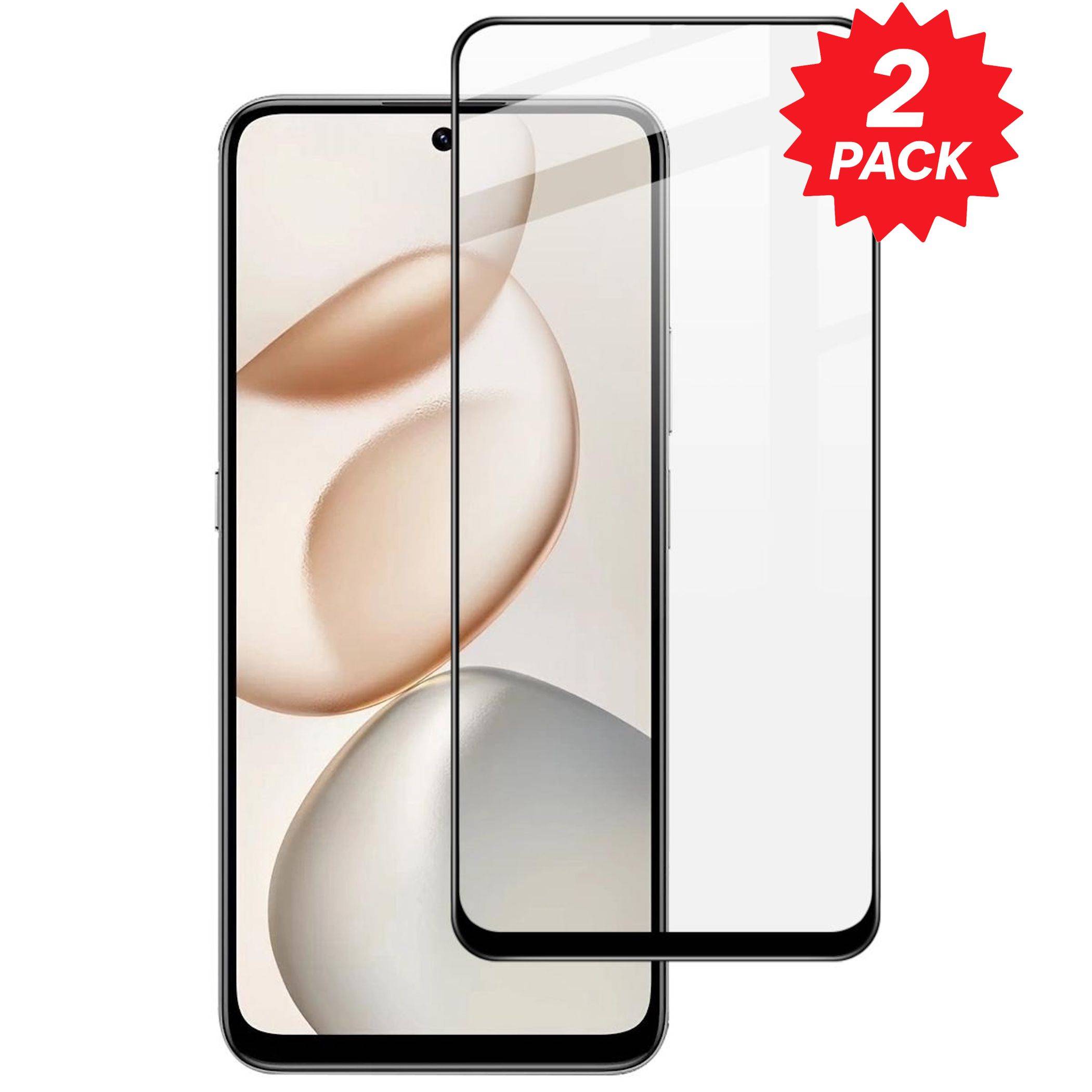 Zwei-Pack durchsichtige Smartphone-Displayschutzfolien, die über einem Telefonbild angezeigt werden, mit einem roten „2er-PACK