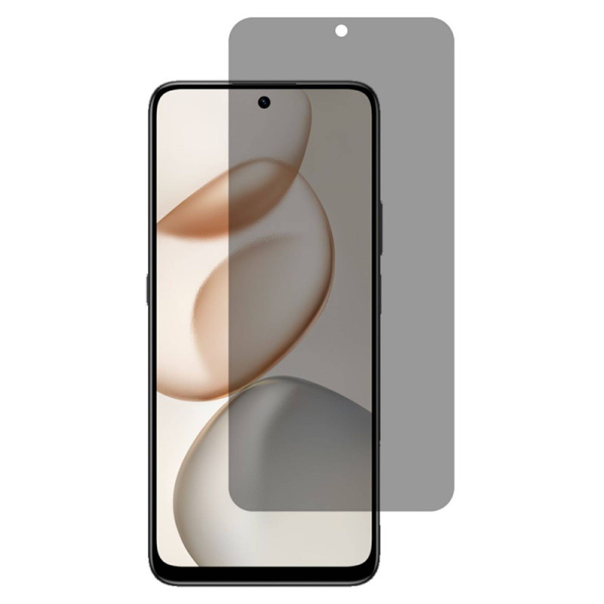 Displayschutzfolie für Smartphones, die über einem Telefonbildschirm ausgerichtet ist, mit einer zentrierten Frontkamera-Aussparung und entsprechenden abgerundeten Ecken.