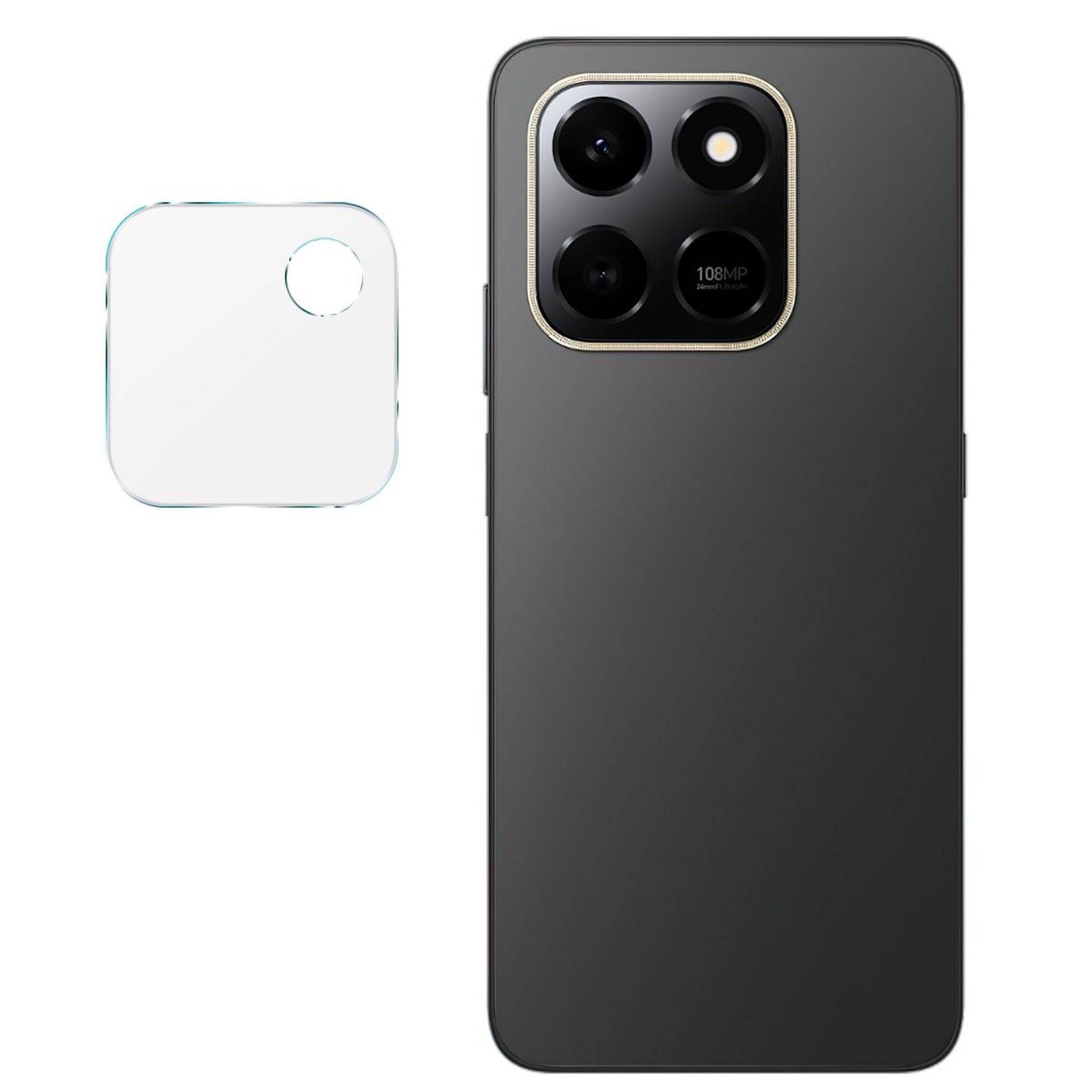 Schwarze Smartphone-Hülle mit erhöbenem quadratischem Kameraausschnitt, zusammen mit einem kleinen weißen Schutzrahmen oder Zubehörteil dargestellt.