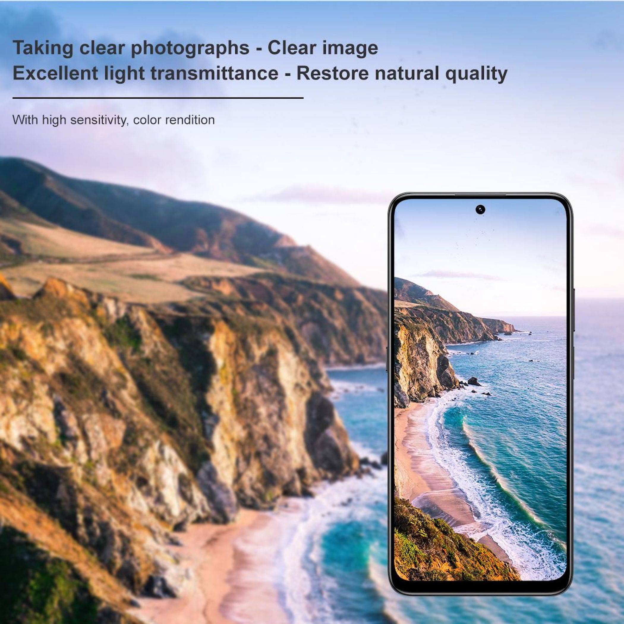 Werbebild einer Smartphone-Kamera, das eine scharfe Küstenlandschaft zeigt, mit dem Text: 