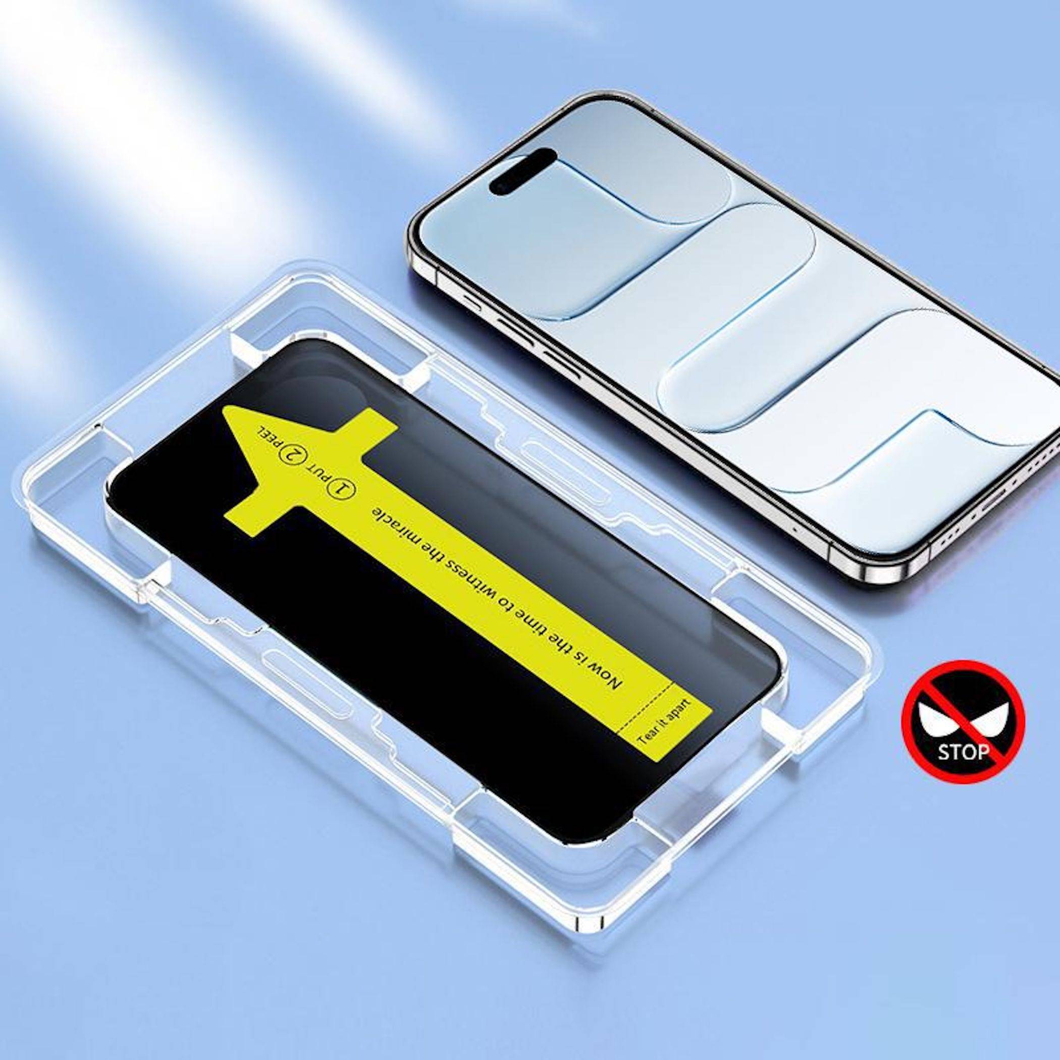Telefon in einem durchsichtigen Schutzetui neben einem Smartphone, das einen gelben X-förmigen Einsatz mit dem Text „Wireless Charging