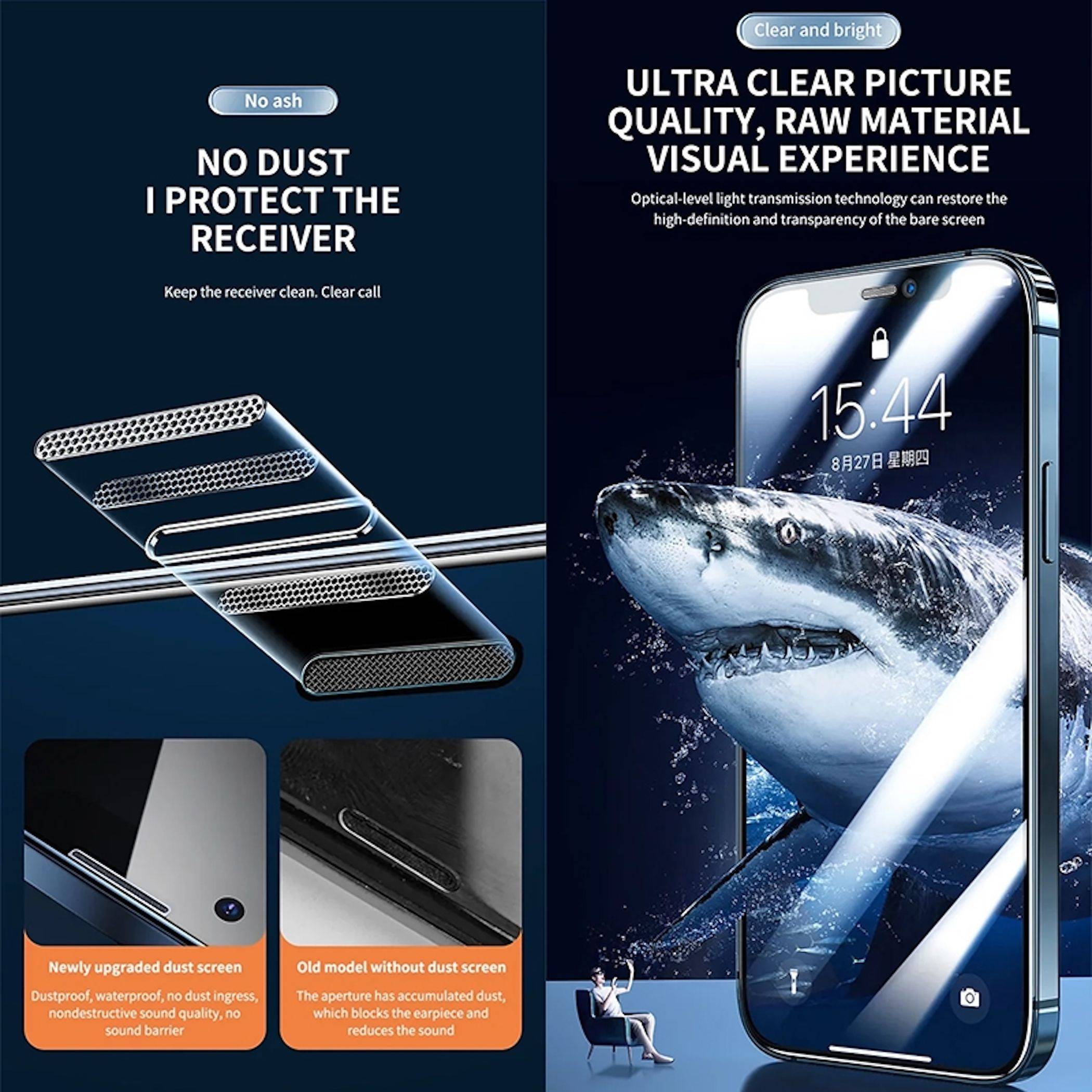 Werbe-Grafik für einen Displayschutz für das Handy, zeigt Staubschutz und kristallklare, helle Bildschirmqualität mit Vorher-Nachher-Detailaufnahmen und einem Haibild auf dem Bildschirm.