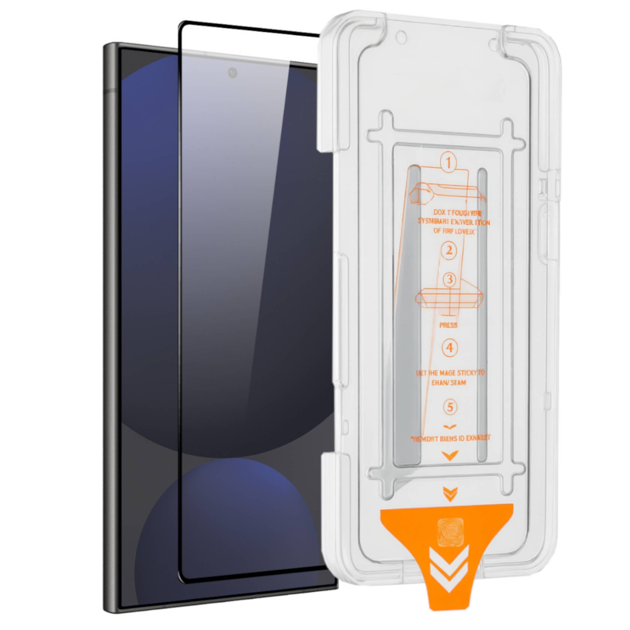 Smartphone-Displayschutzfolie-Set mit einem Smartphone, Schutzfolie und klarem Applikator-Tablett mit Schritt-für-Schritt-Installationskennzeichnungen