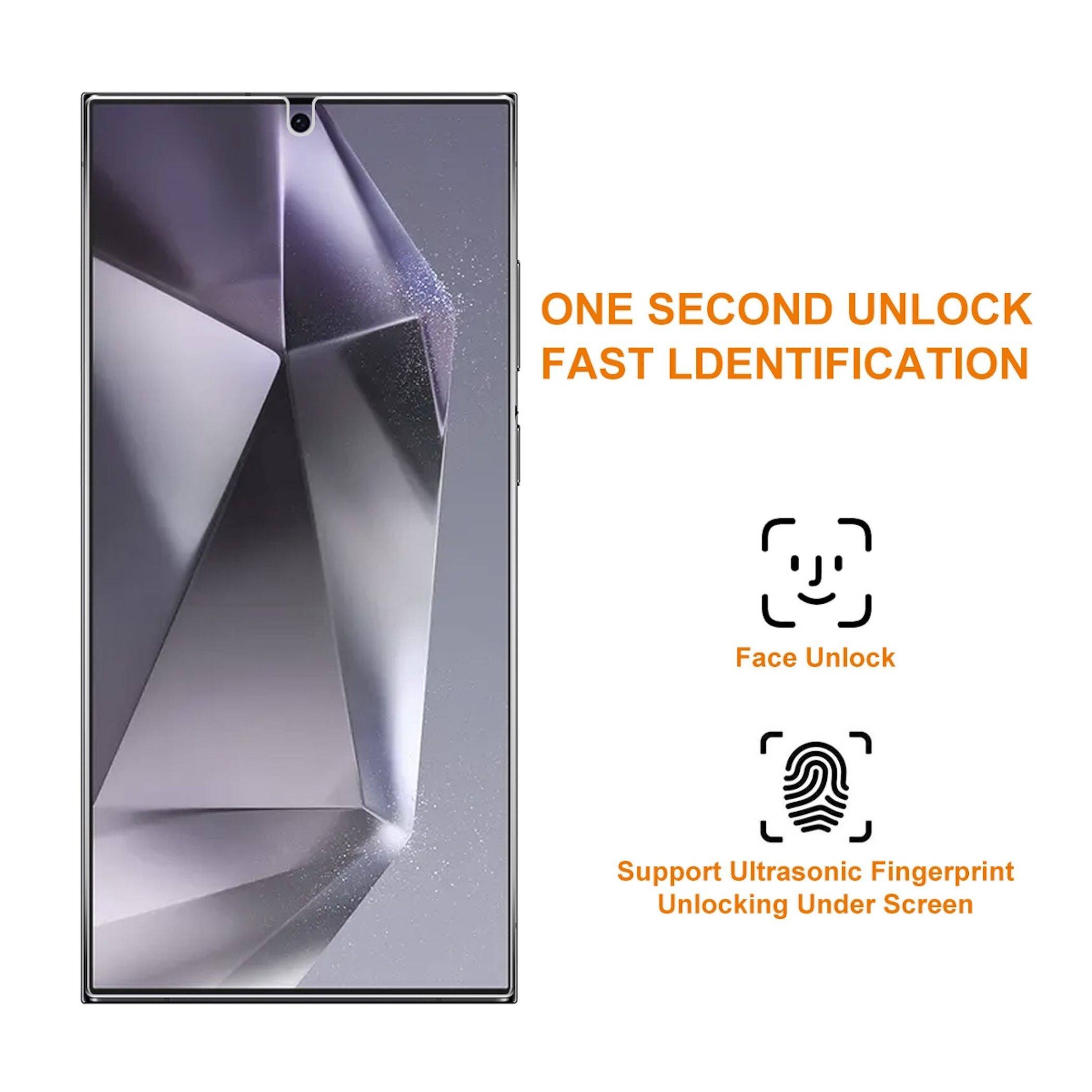 Smartphone-Promotion mit Telefondisplay und Text: 'ENTSPERREN IN EINER SEKUNDE SCHNELLE IDENTIFIKATION', 'Gesichtserkennung', und 'Unterstützung für ultraschall-Fingerabdruckerkennung unter dem Display'.