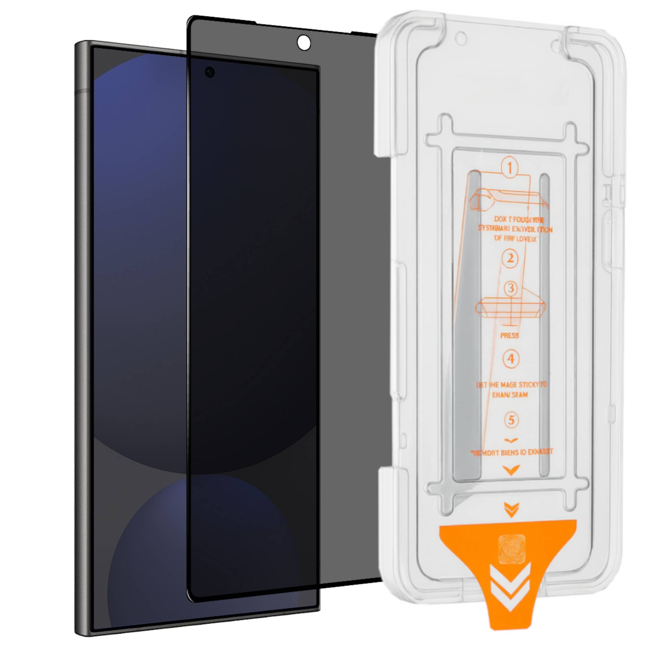 Displayschutzfolien-Set mit Telefonbildschirm und transparentem Installationsrahmen mit Schritt-für-Schritt-Ausrichtungsleitfaden.