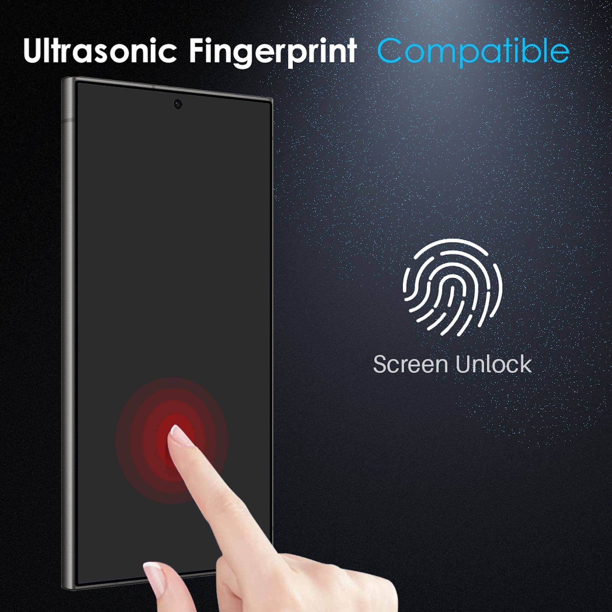 Werbegrafik eines Smartphones mit ultraschallgesteuertem Fingerabdruck-Displayentsperrung, mit einem Finger, der das Display berührt, und dem Text „Ultraschall-Fingerabdruck kompatibel