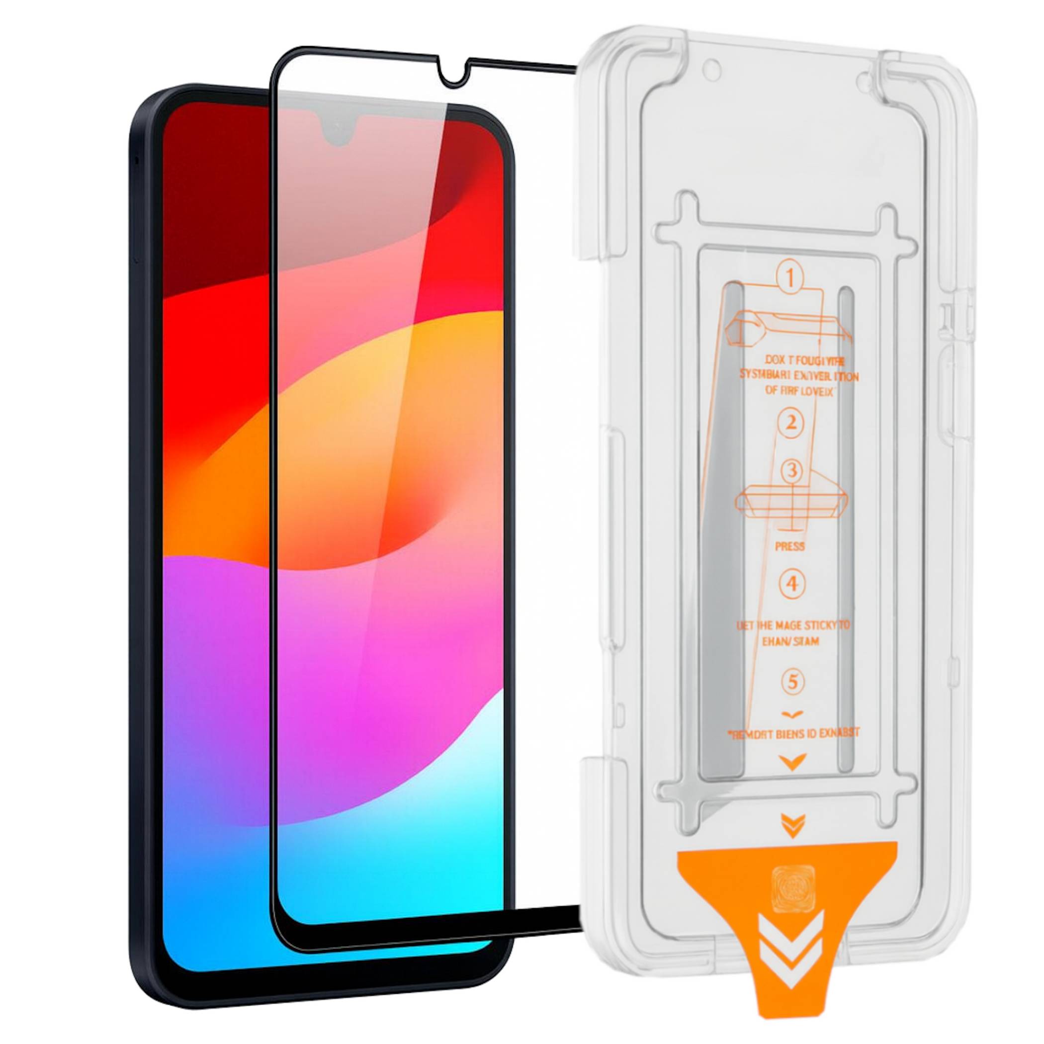 Zwei Displayschutzfolien für Smartphones auf einem Telefon, mit einem transparenten Installationsrahmen und einer orangefarbenen Lasche daneben gezeigt.