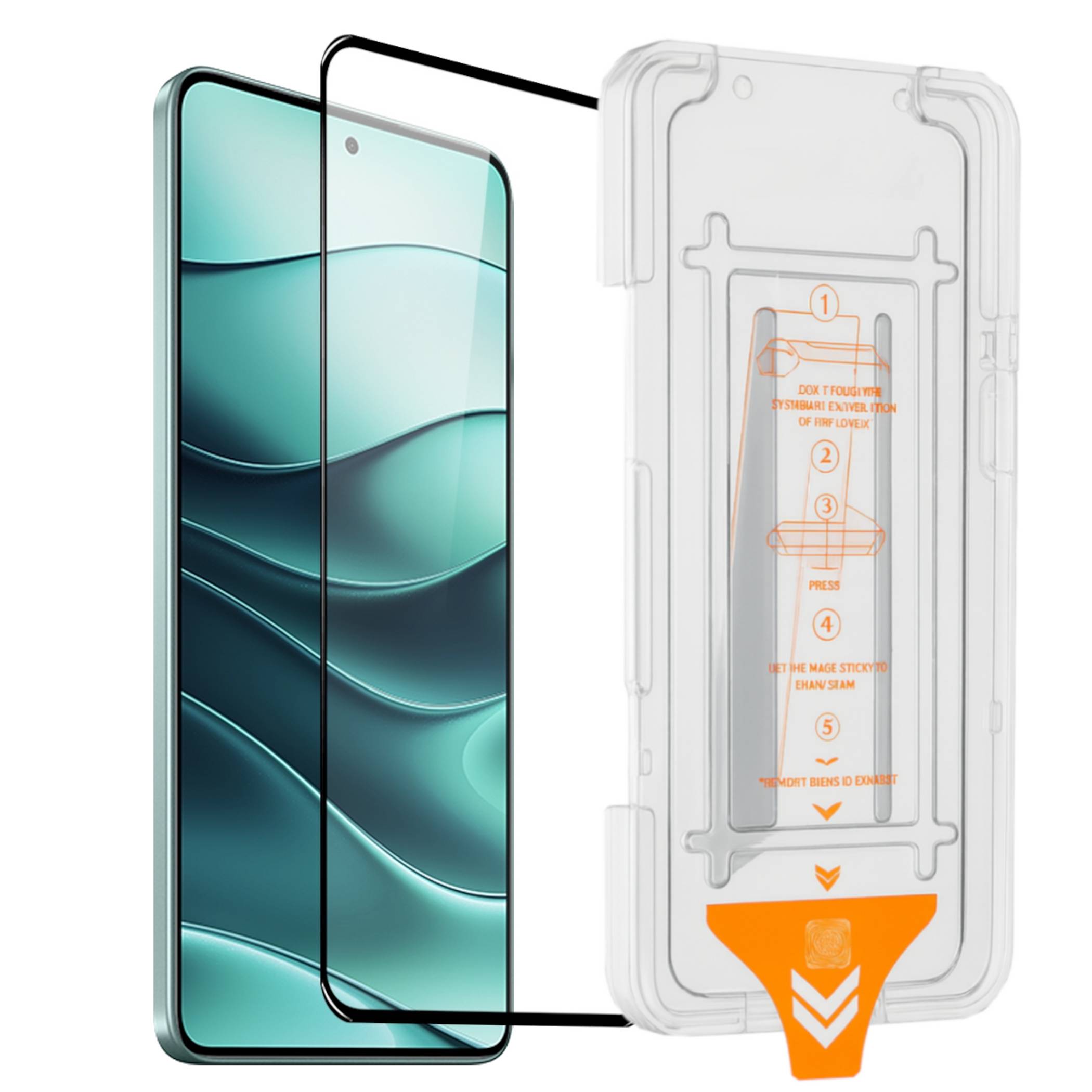 Installationsset für Smartphone-Displayschutzfolie mit einem Telefon, ausgerichtetem Glasschutz und Applikatorrahmen mit nummerierten Schritt-für-Schritt-Anleitungen.