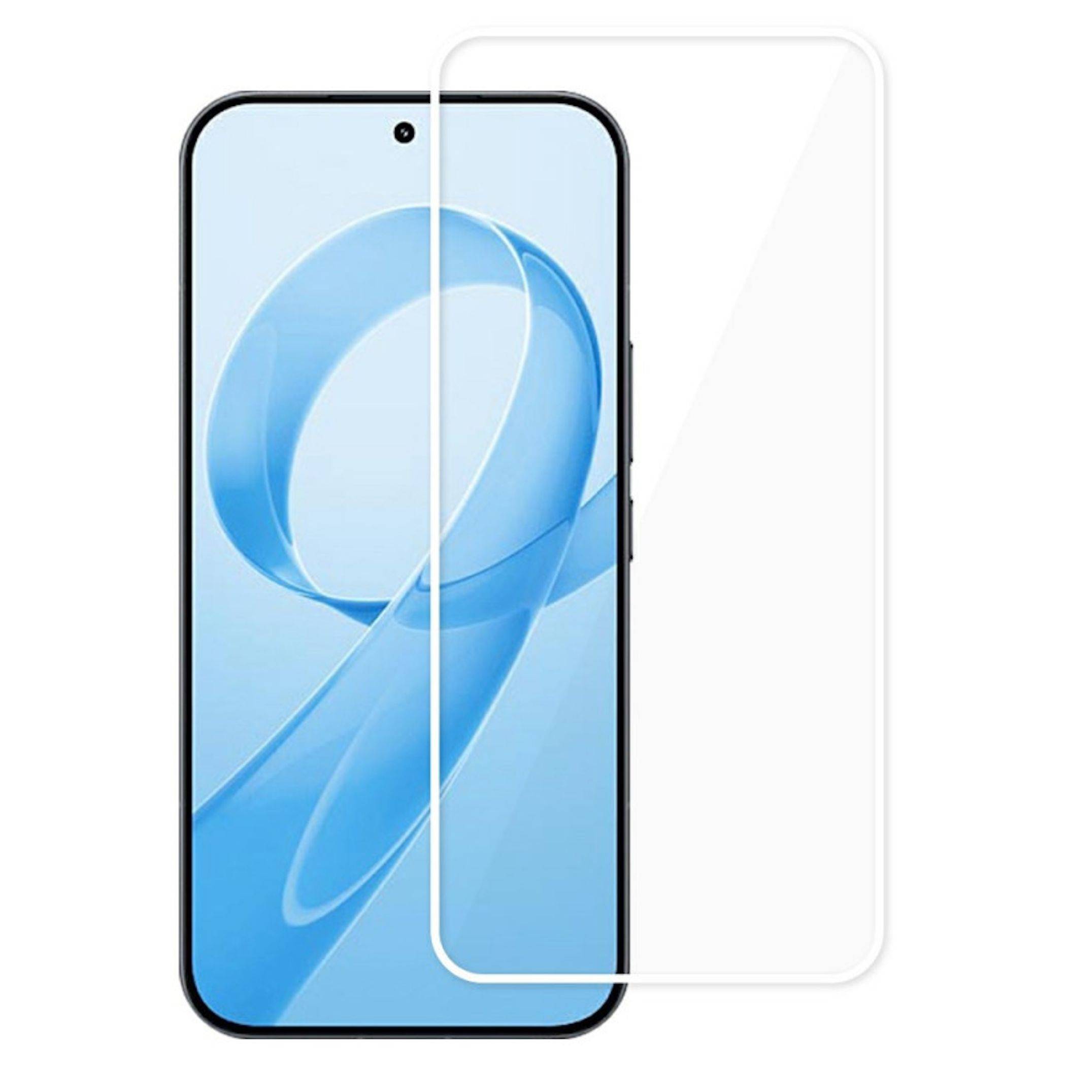 Smartphone Vorderansicht mit blauem Hintergrundbild, daneben eine klare Schutzfolie, die über dem Display angebracht ist.