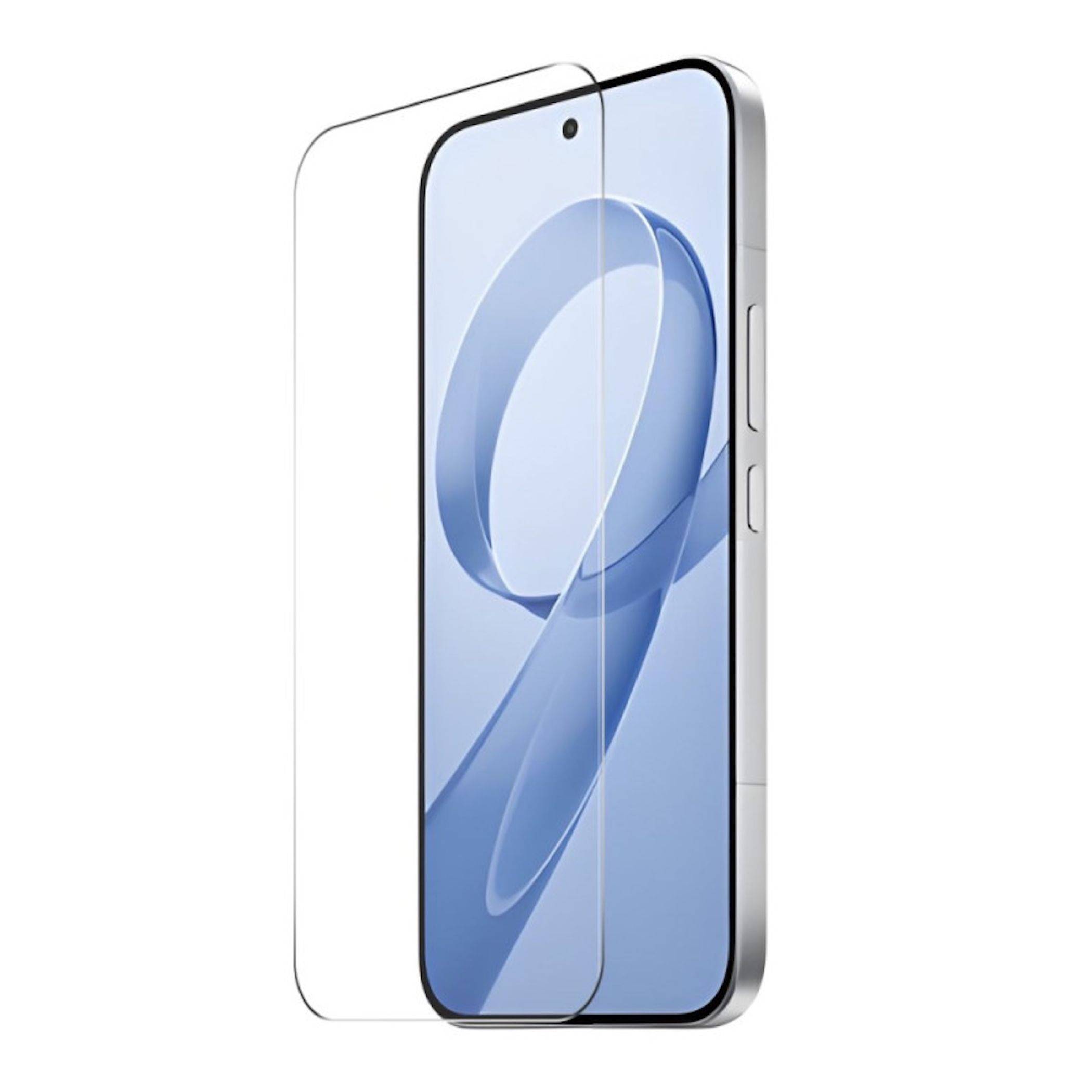 Ein Smartphone, das in Frontal- und Seitenansicht mit einer transparenten Displayschutzfolie gezeigt wird, die über dem Display ausgerichtet ist.