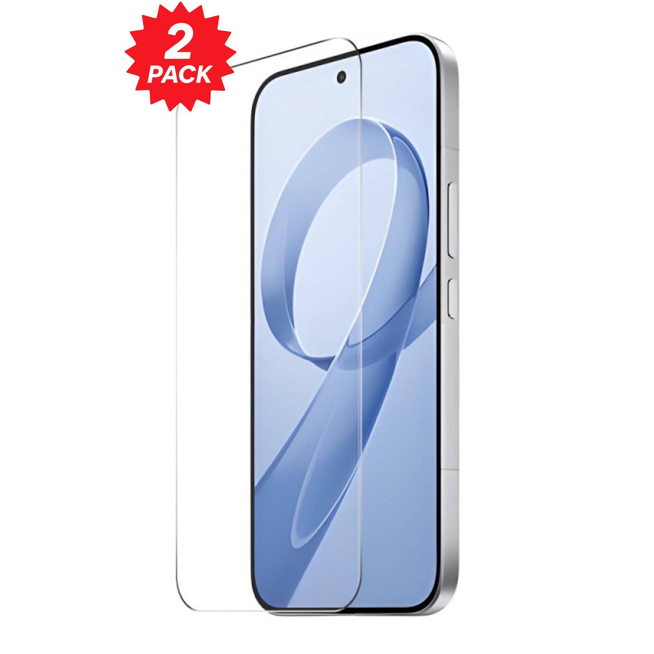 Zwei-er-Pack durchsichtige Displayschutzfolien für ein Smartphone, abgebildet auf dem Telefon installiert mit einem roten '2er-PACK'-Label.
