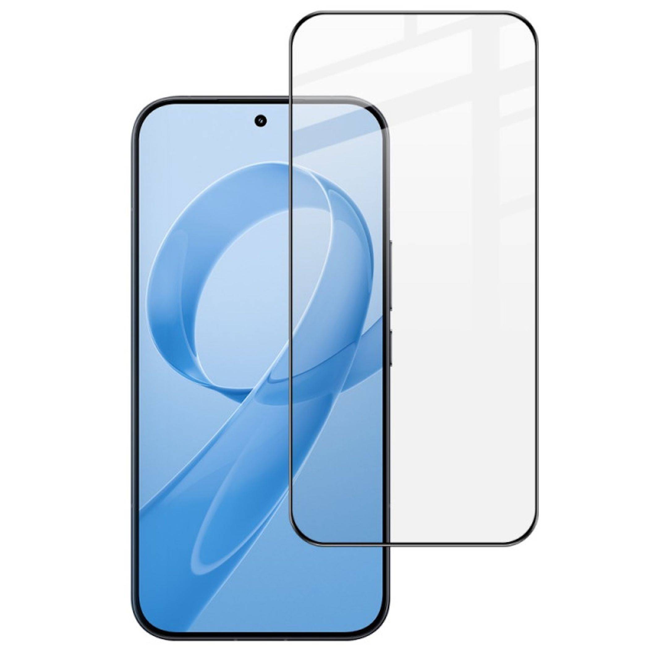 Vorderansicht eines Smartphones mit blauem Bildschirm, gezeigt mit einer klaren Schutzfolie, die darüber ausgerichtet ist.