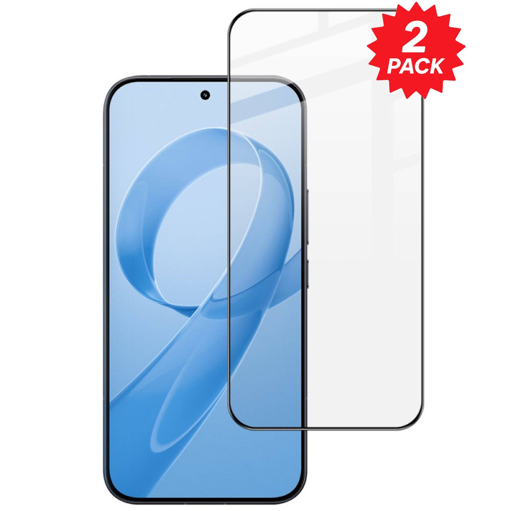 Bildschirmschutzfolie für Smartphones, die über einem Telefon angebracht ist, mit einem roten Abzeichen mit der Aufschrift „2ER-PACK