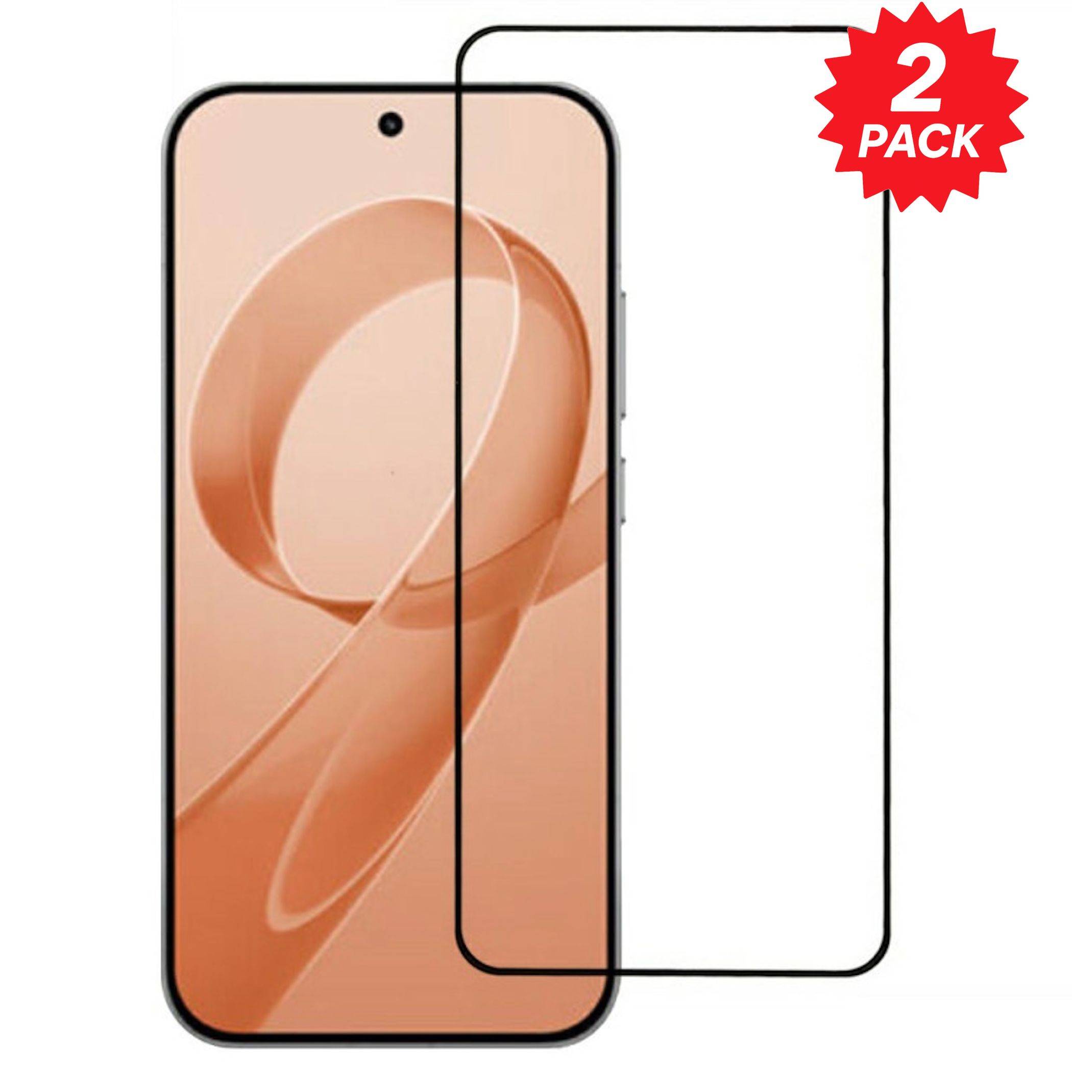 Zwei-er Pack aus transparentem gehärtetem Glas-Displayschutz für ein Smartphone, gezeigt über einem Telefon-Mockup mit einem „2ER PACK