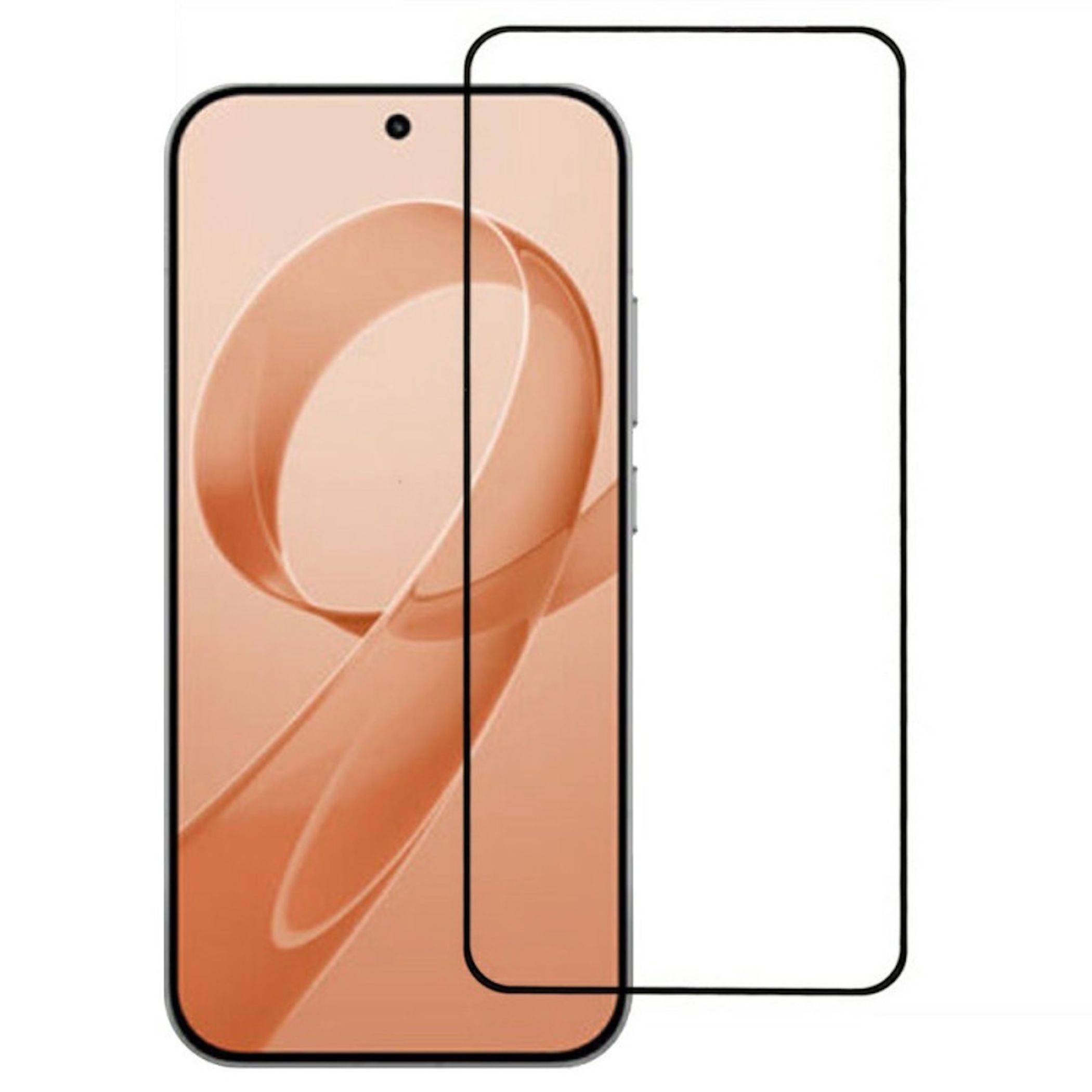 Smartphone-Display mit einer transparenten Displayschutzfolie, die neben einem Telefon angebracht ist und zeigt, dass die Folie von Kante zu Kante reicht und einen zentrierten Kameraausschnitt hat.