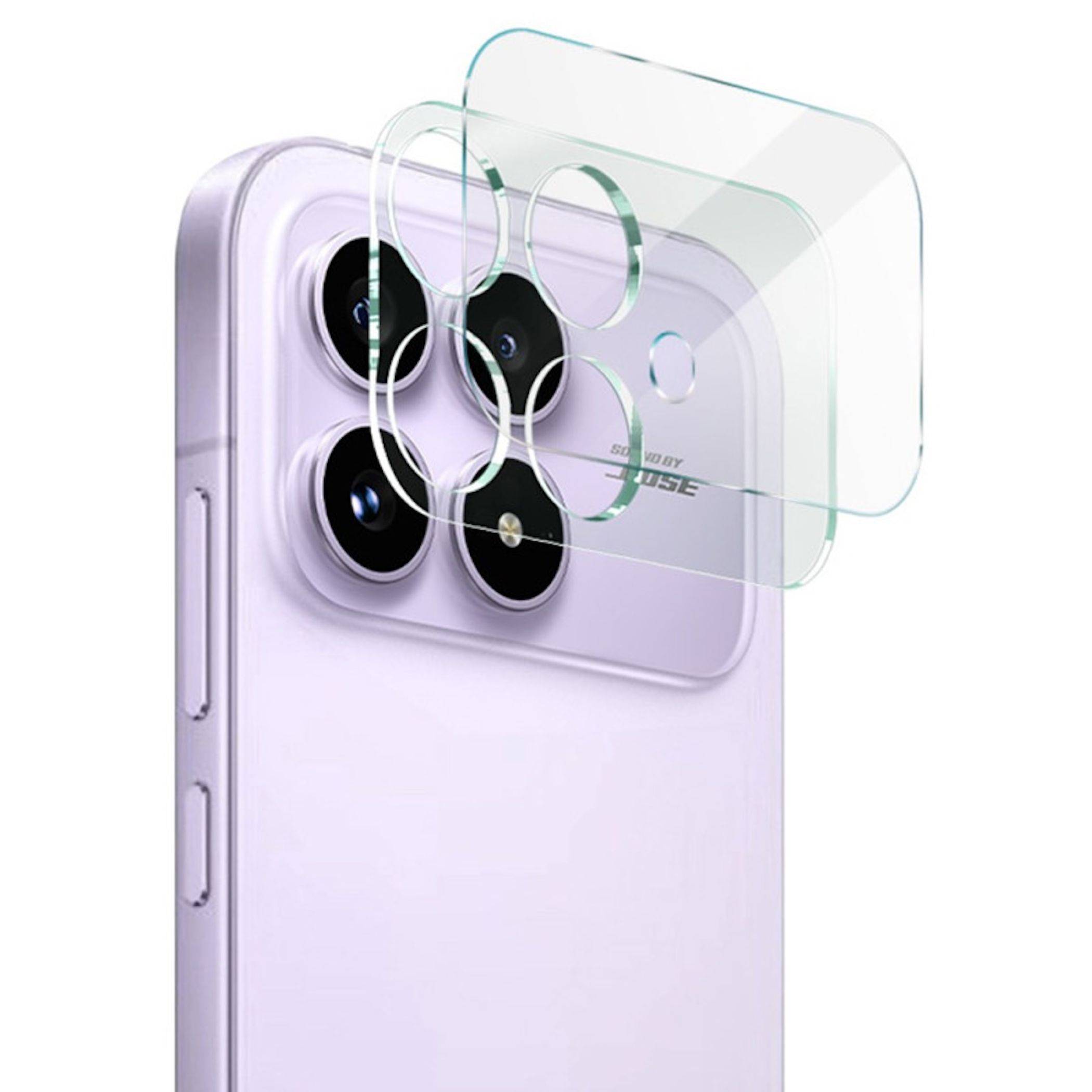 Violettes Smartphone mit dreifacher Kamera, gezeigt mit transparenten Schutzkameralinsenabdeckungen und durchsichtiger Rückseiten-Overlay-Hülle.
