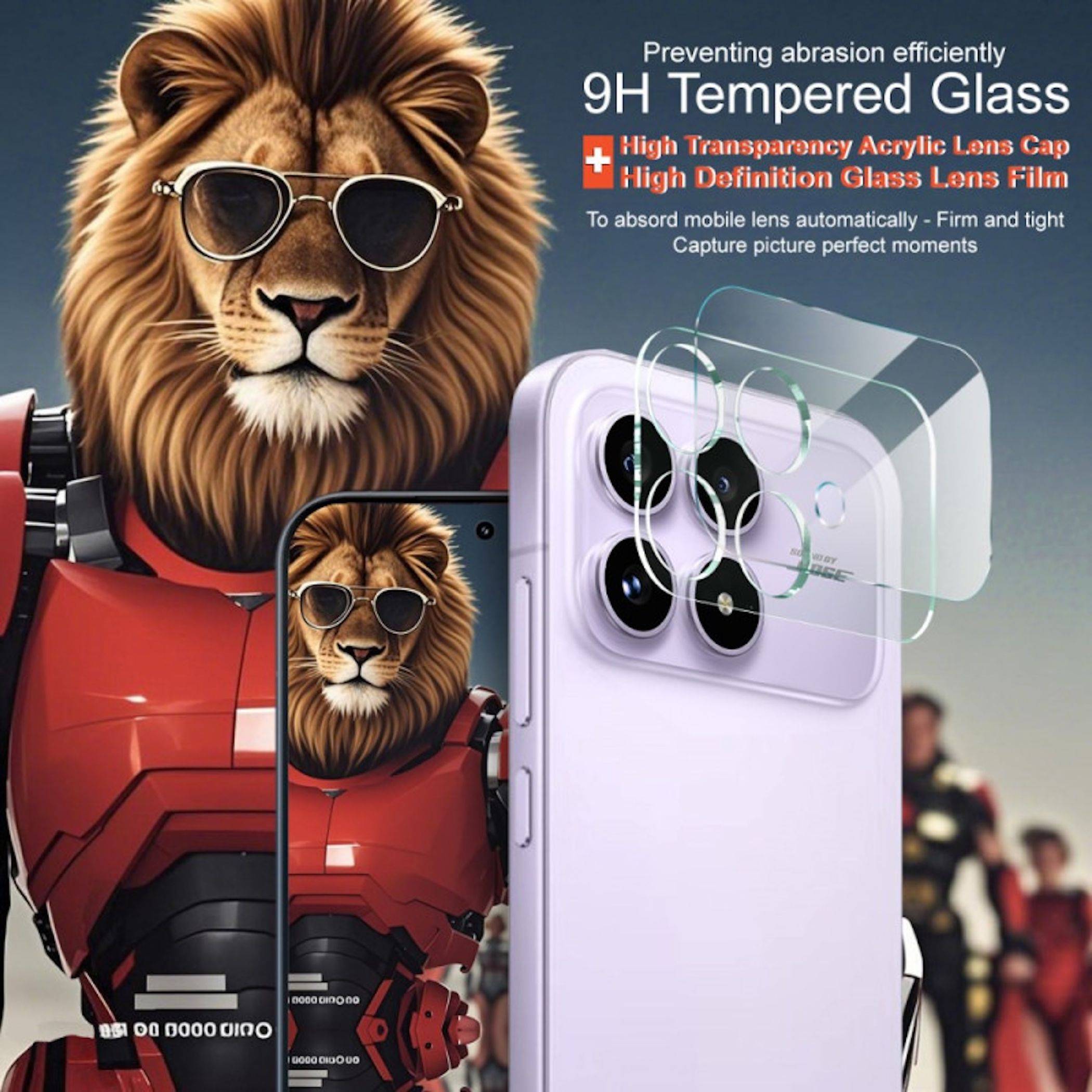 Werbegrafik eines Löwen mit Sonnenbrille neben einem Telefon, die einen 9H gehärteten Glas-Kameralinsenschutz für ein iPhone-ähnliches Triple-Kamera-System zeigt.