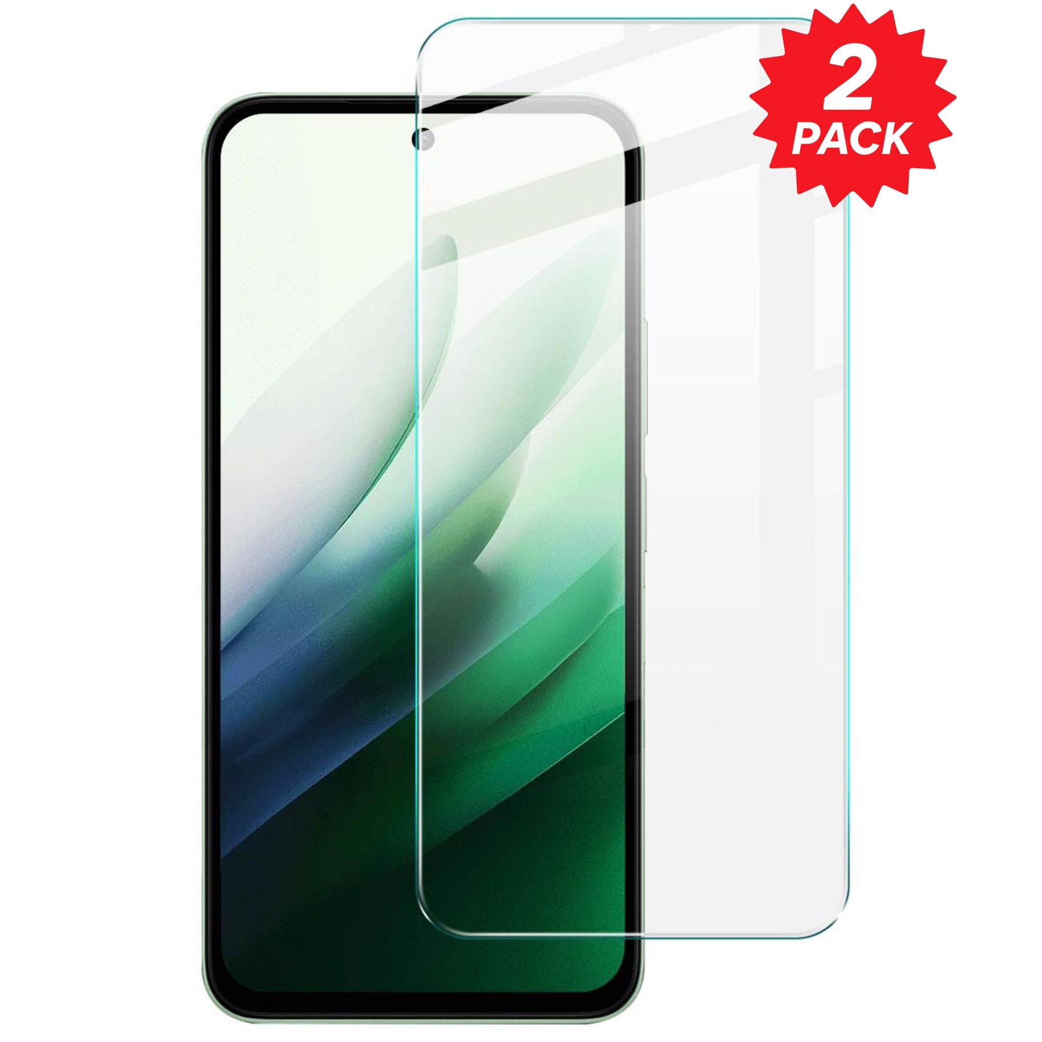 Smartphone-Bildschirmschutzfolie im Doppelpack, dargestellt als zwei transparente Glasscheiben über einem Telefondisplay, mit rotem 