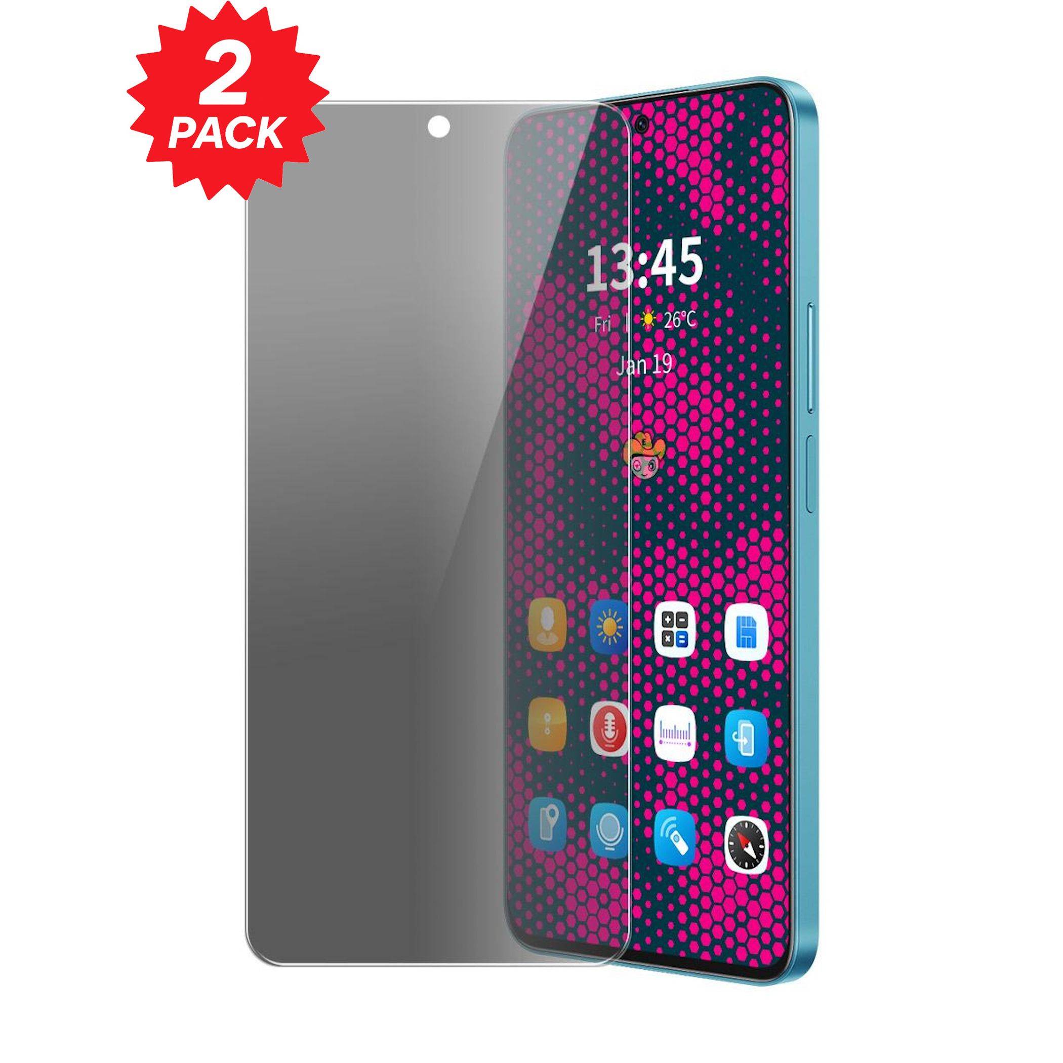 Zweierpack aus durchsichtigen Displayschutzfolien für Smartphones, auf einem Telefon dargestellt, wobei eine Schutzfolie die Anzeige von der Seitenansicht verdunkelt.