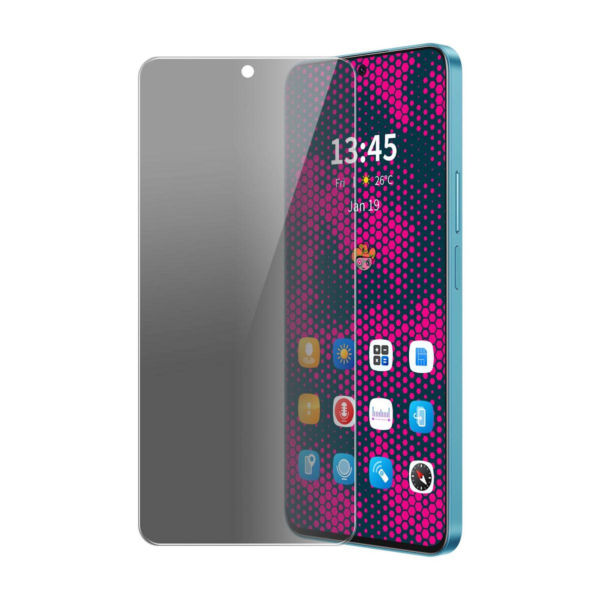 Ein Smartphone mit einer transparenten Displayschutzfolie oder Datenschutzabdeckung, schräg auf einem einfachen Hintergrund angezeigt.